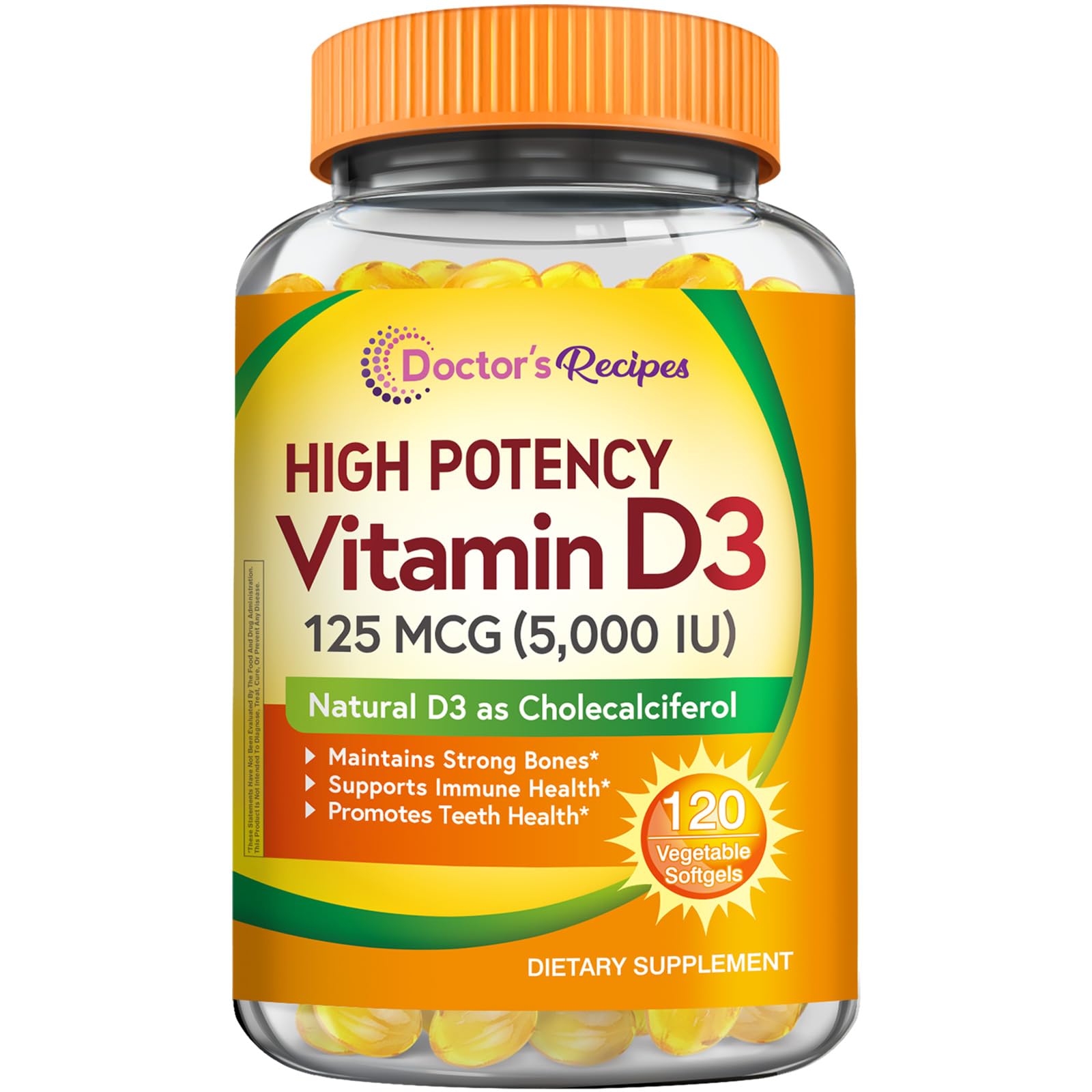 Doctor's Recipes vitamine D3 bouteille, soutien immunitaire potentiel.