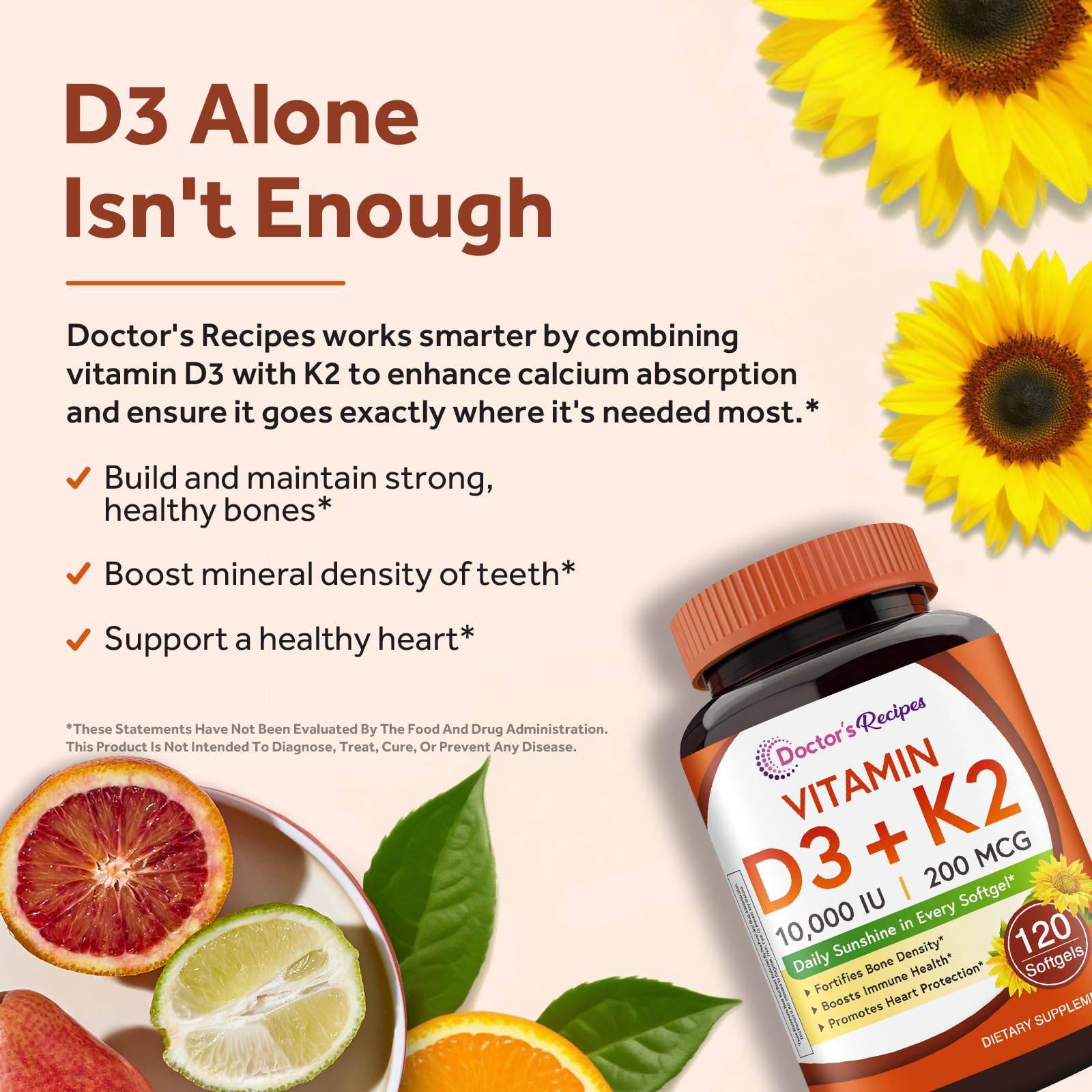 Doctor's Recipes Vitamine D3 K2 - étiquette et gélules, absorption du calcium.