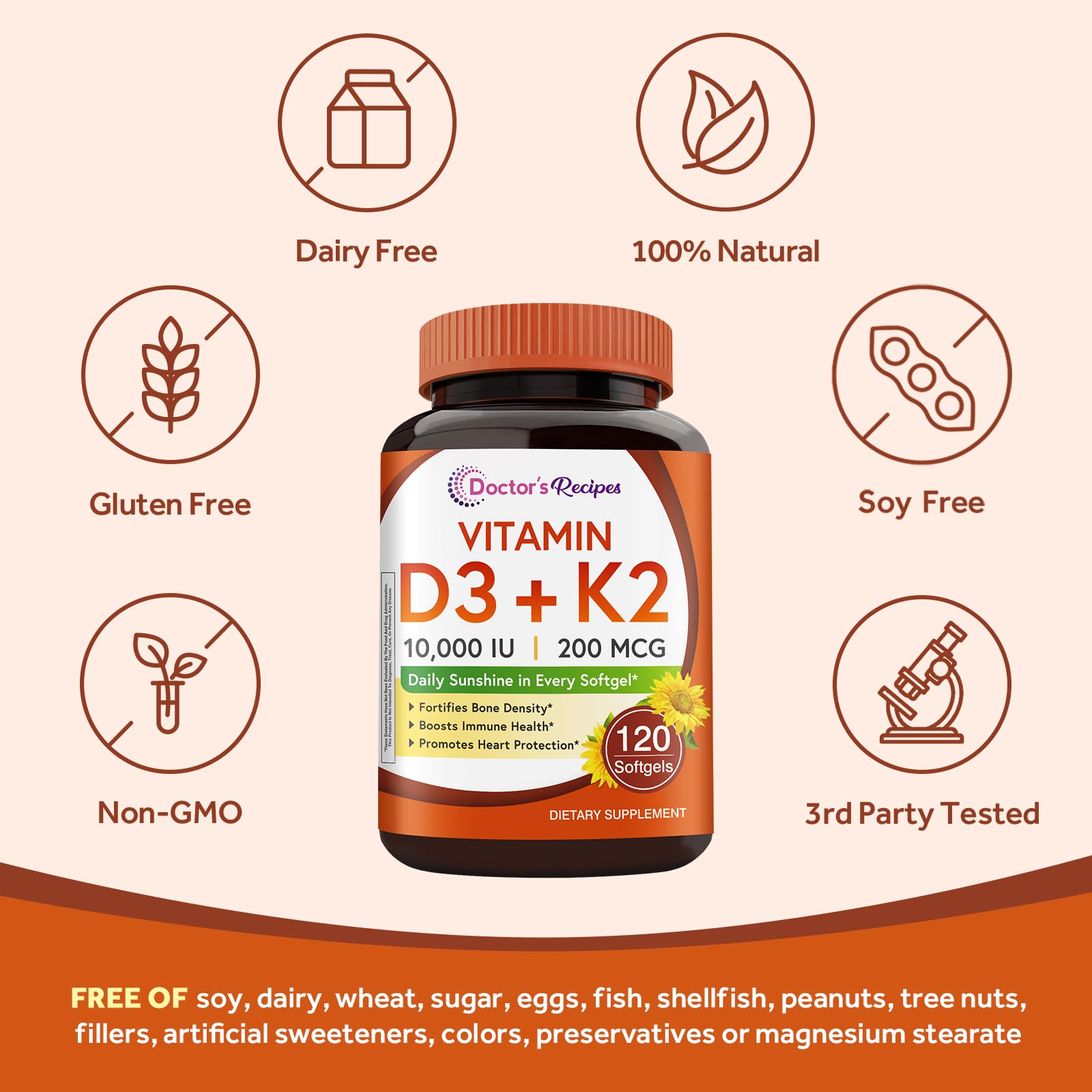 Doctor's Recipes Vitamine D3 K2 - fabrication américaine, formule sans soja et gluten.
