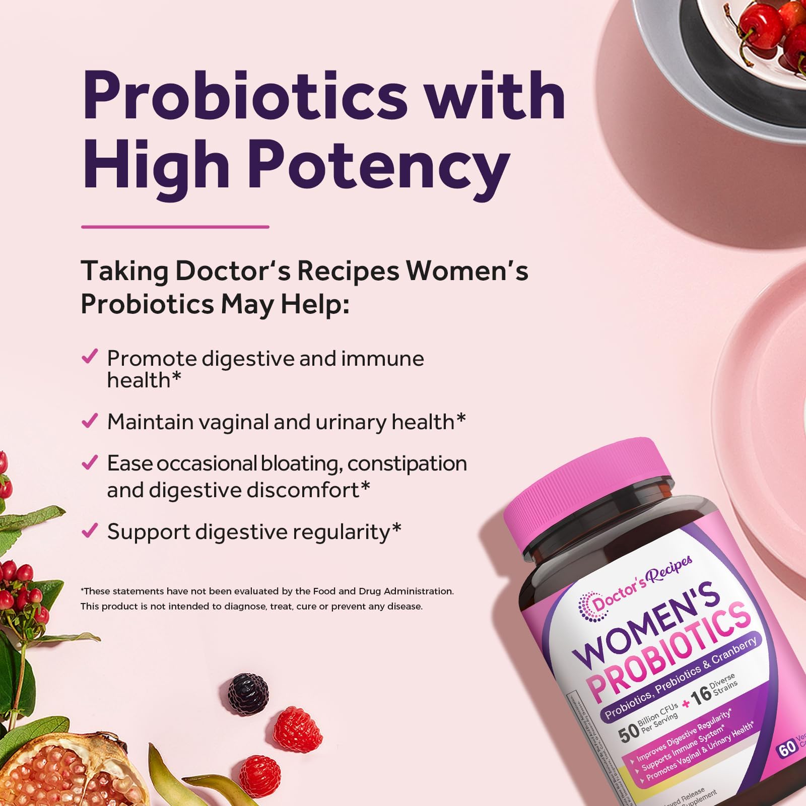 Doctor's Recipes Probiotiques femmes - 16 souches variées pour une diversité d'effets potentiels.