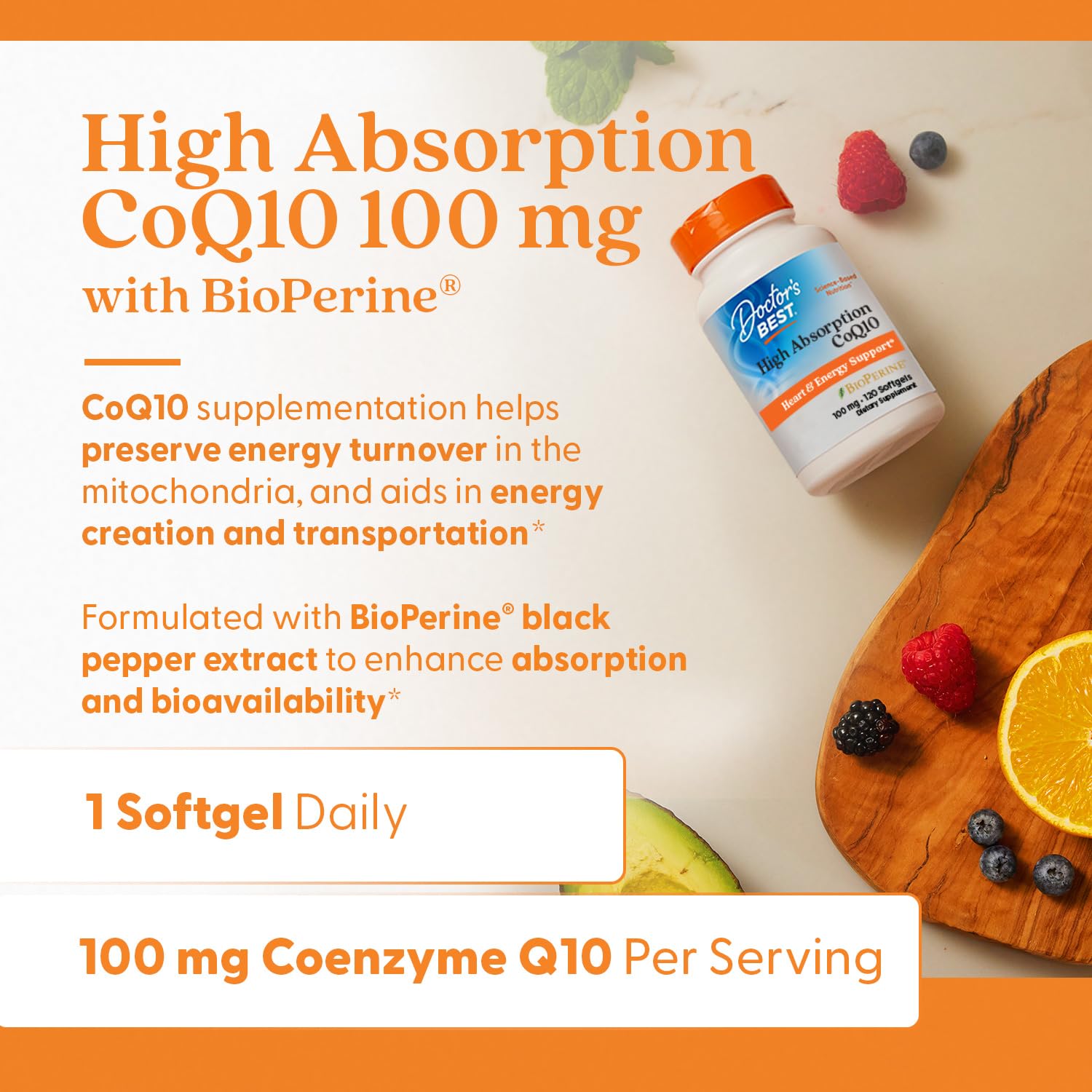 Doctor's Best CoQ10 biopeperine-extrait: absorption améliorée grâce à BioPerine.