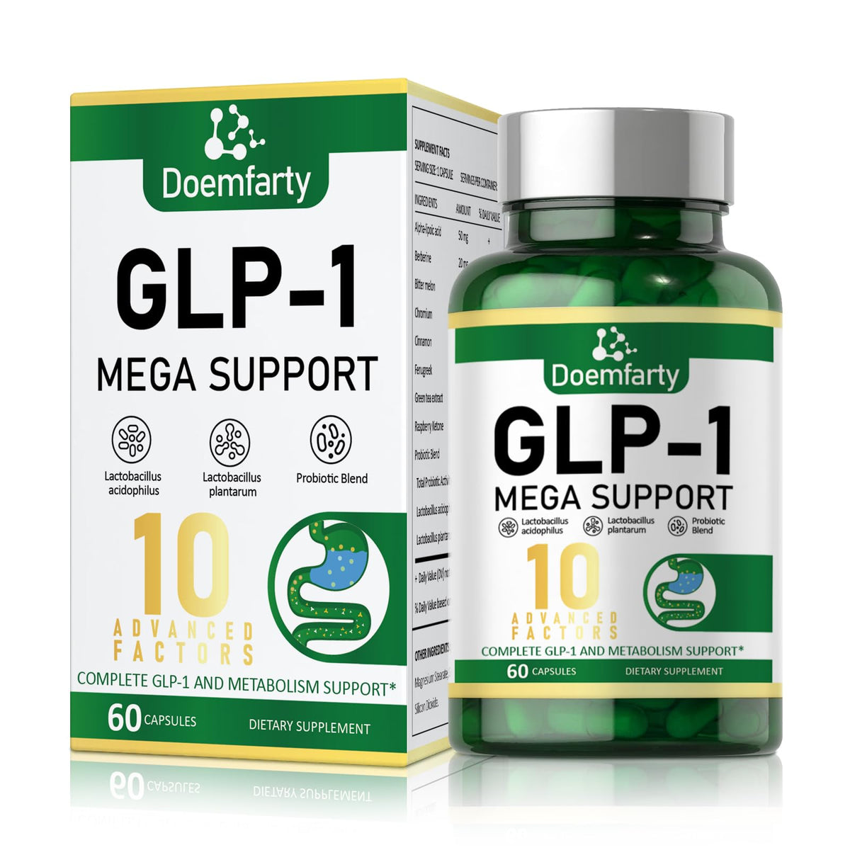 doemfarty GLP-1 Support bouteille : vue de face, soutien potentiel au bien-être quotidien.