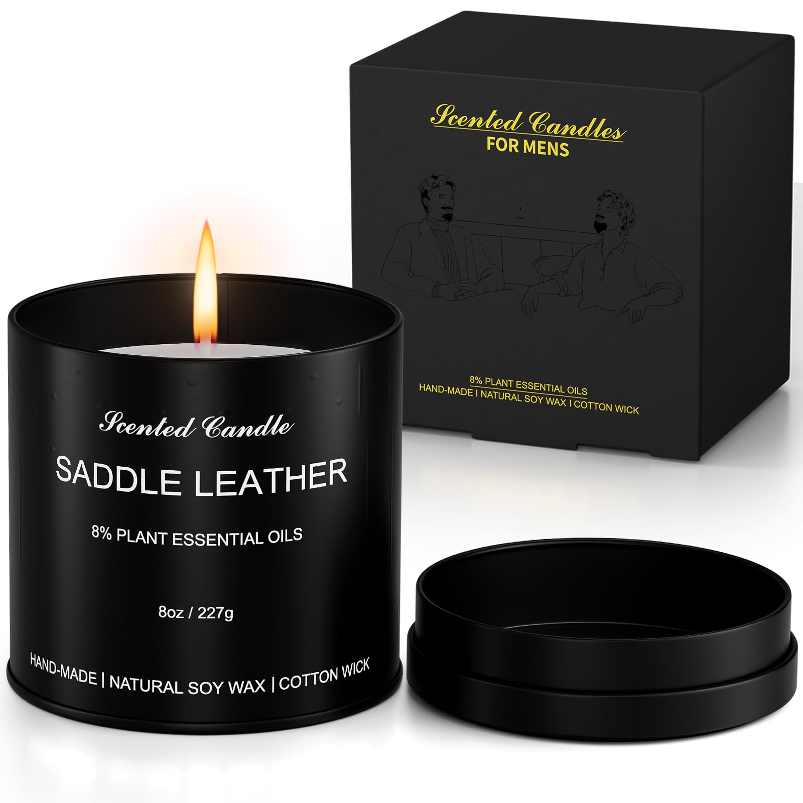 Bougie Domivirgo parfum cuir-selle dans un contenant noir, ambiance masculine et apaisante.