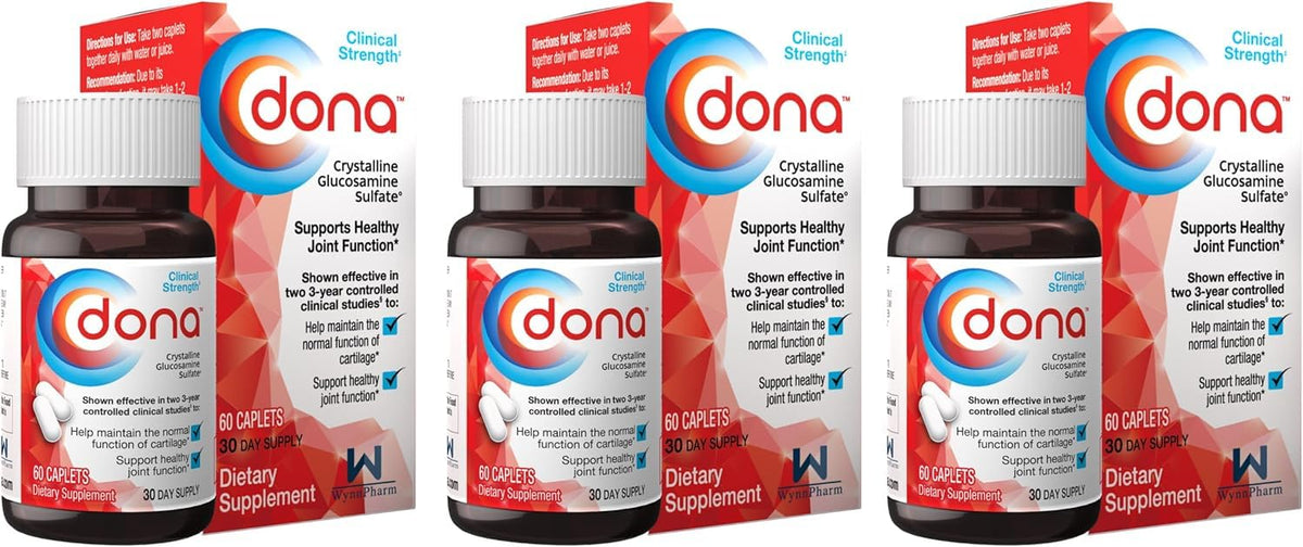 DONA Glucosamine Sulfate Cristallin, bouteille de caplets, soutien potentiel des articulations.