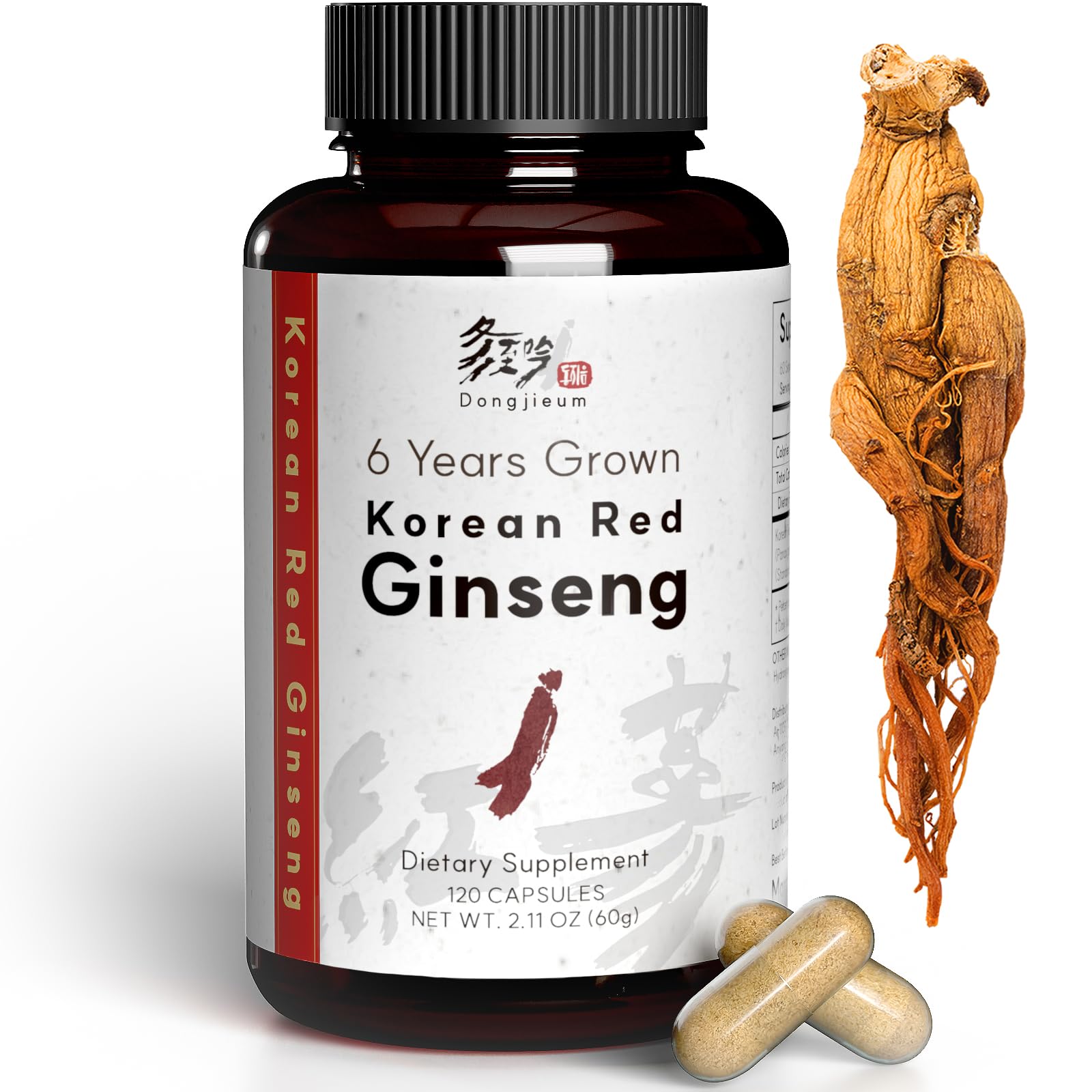 Dongjieum Ginseng Rouge Coreen: capsules en bouteille pour energie soutenue.