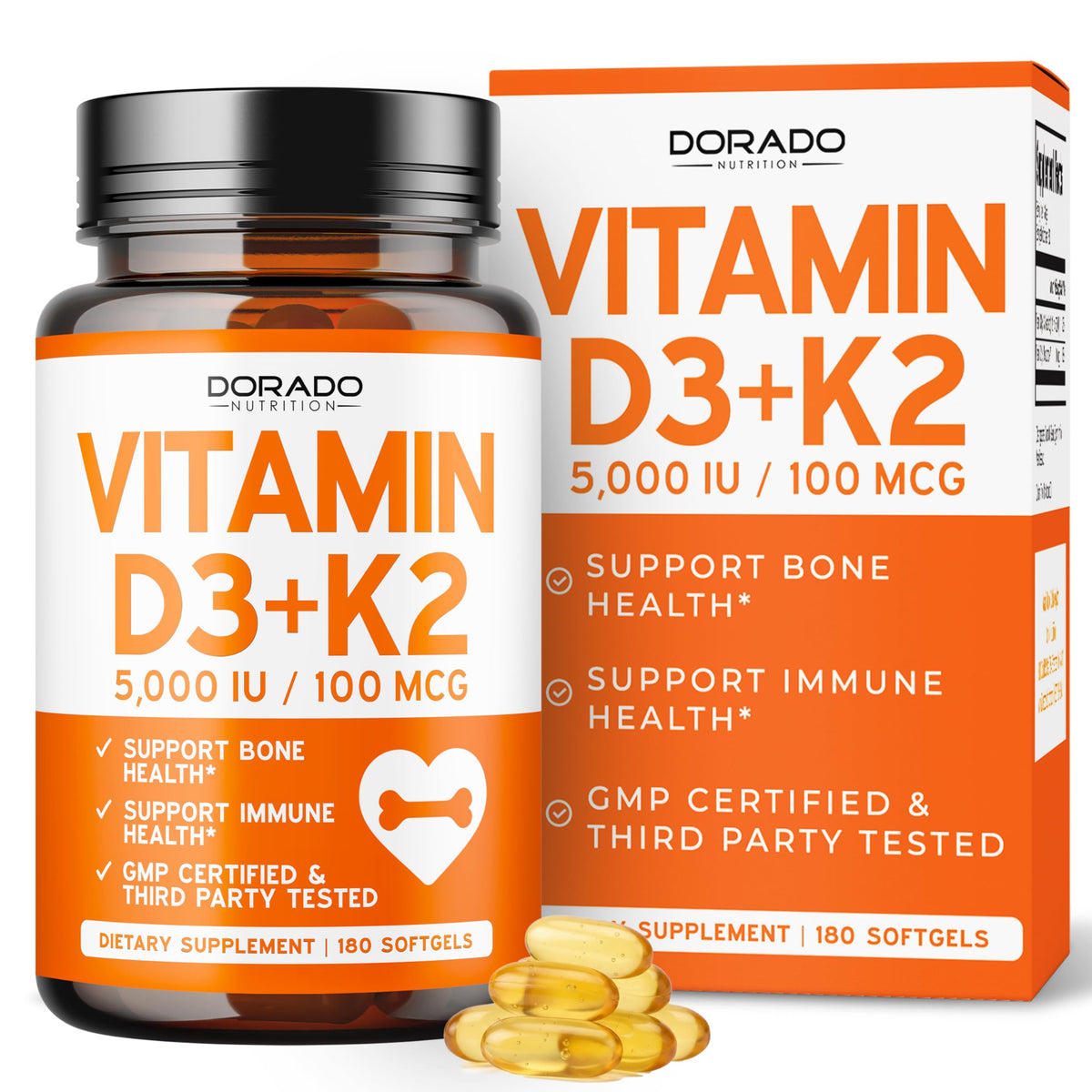 Bouteille DORADO NUTRITION D3 K2 avec gélules pour soutien osseux potentiel.