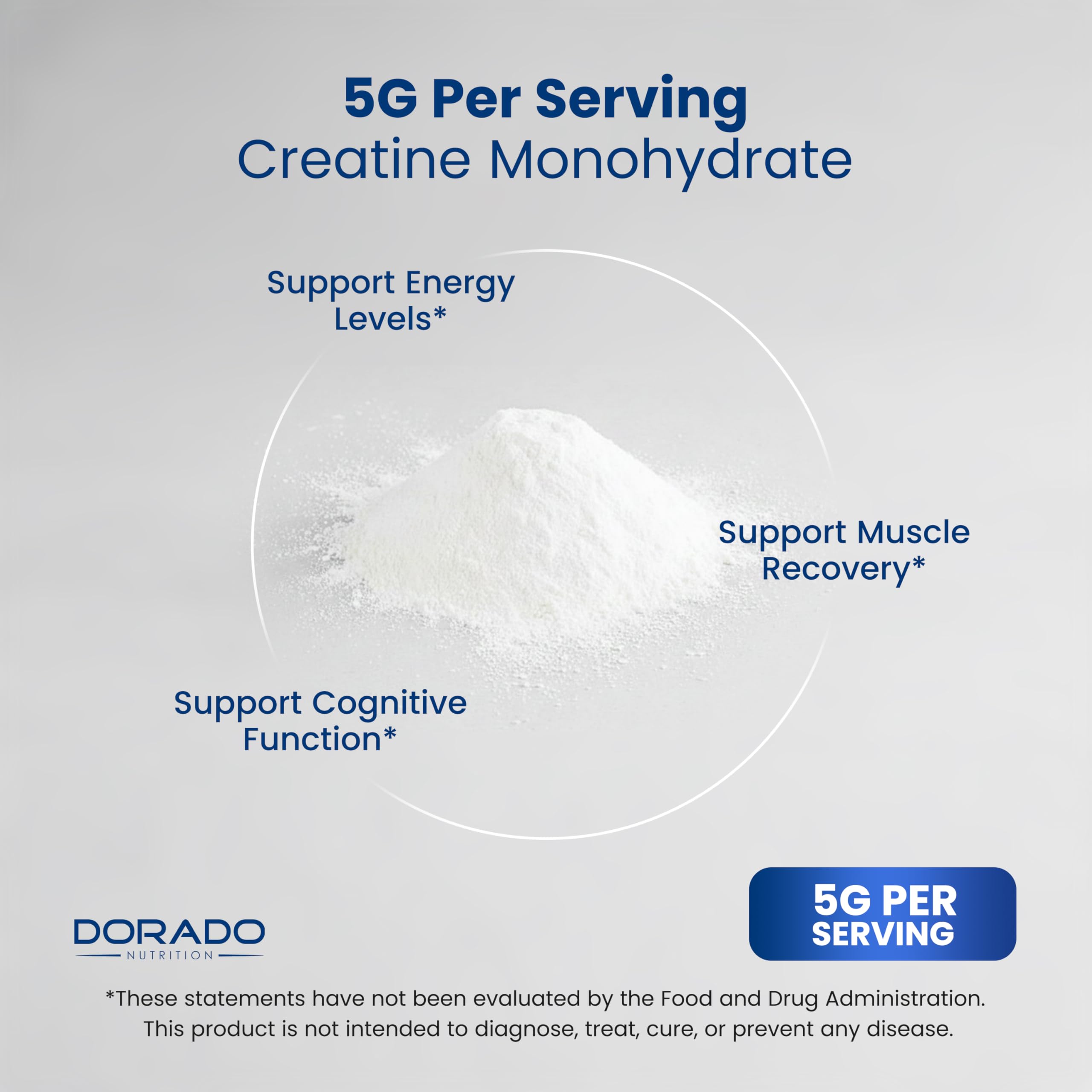 Dorado Nutrition Créatine Monohydrate 5 g — fabriqué aux États‑Unis avec ingrédients mondiaux.