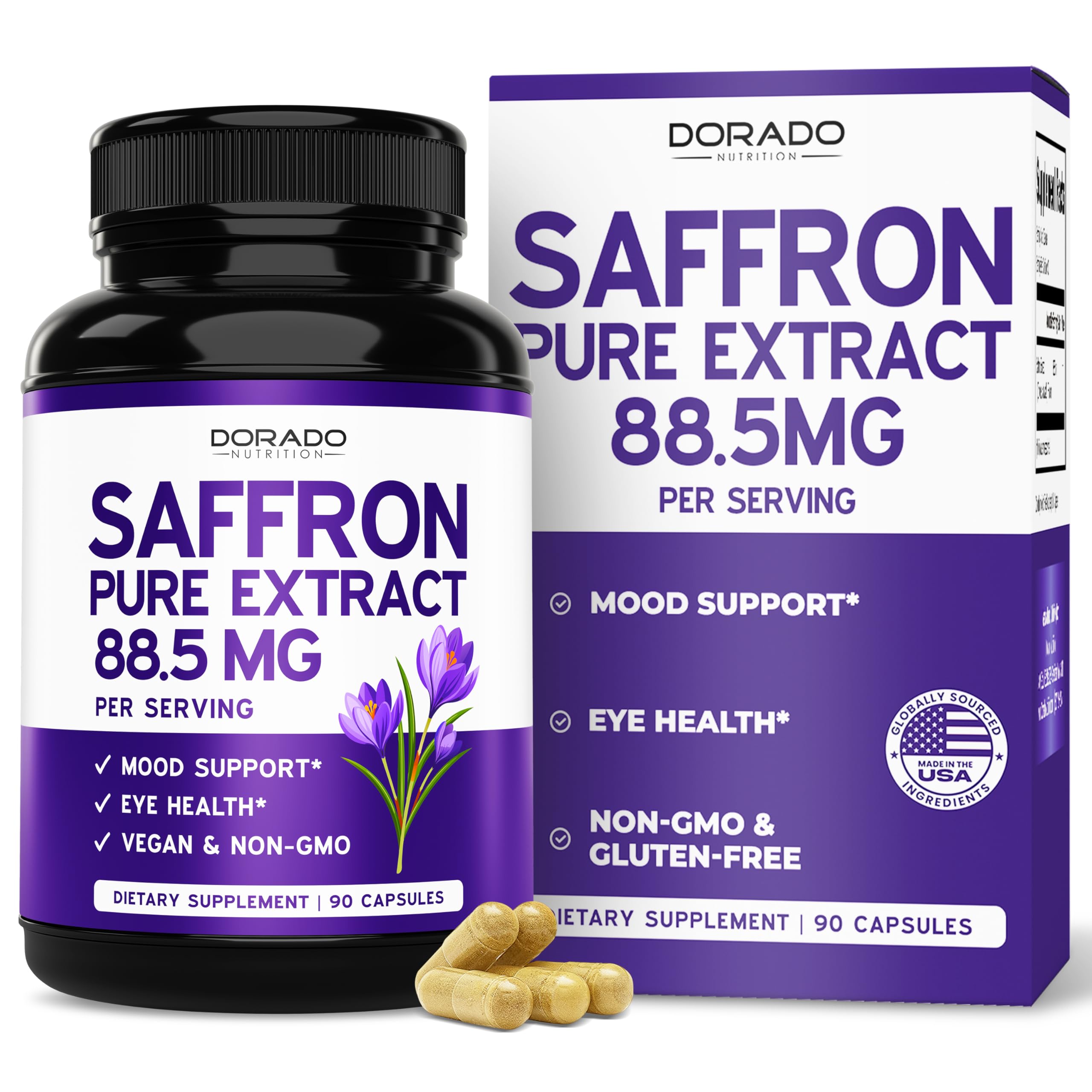 Flacon Dorado Nutrition avec capsules de safran, usage quotidien facile.