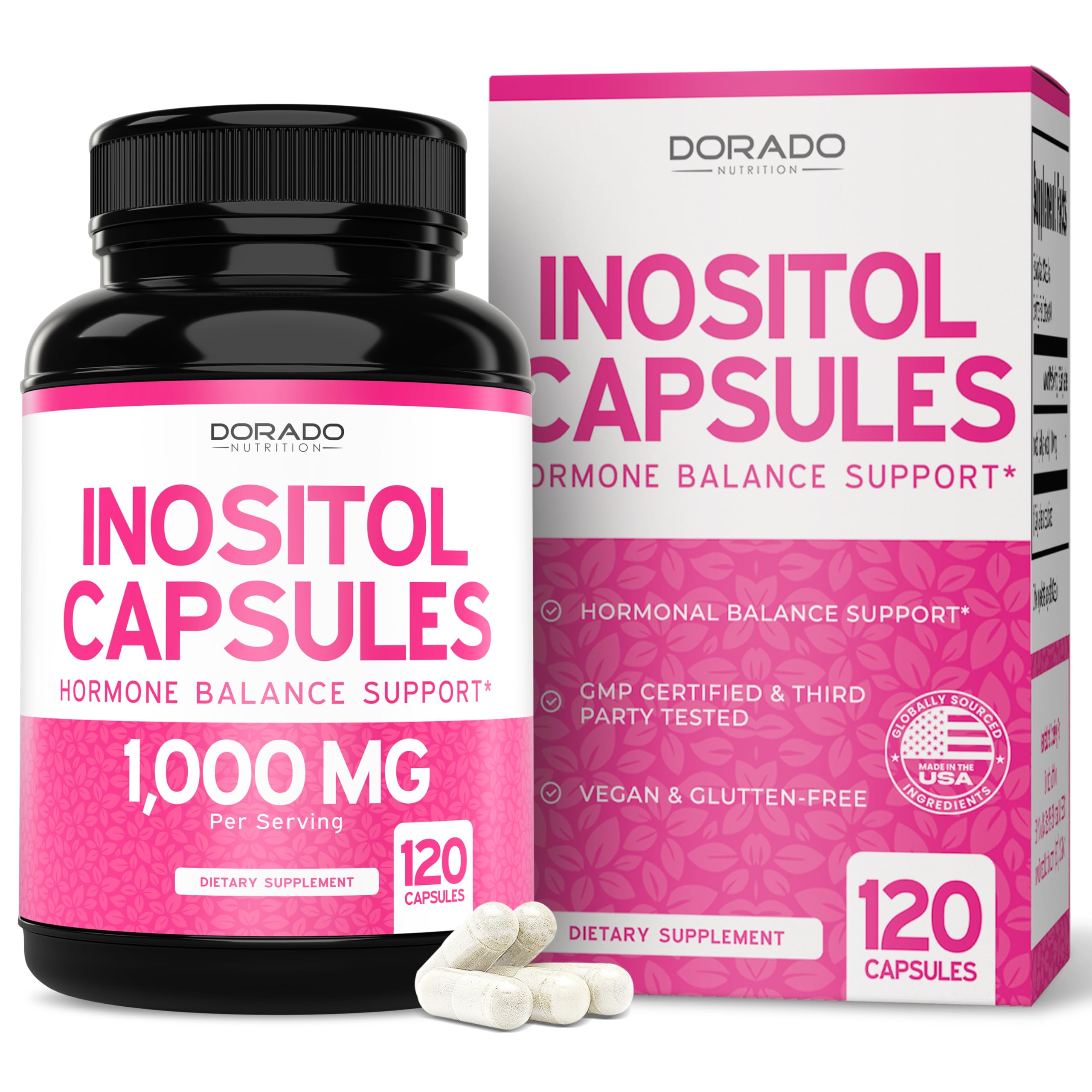 DORADO NUTRITION Myo-Inositol – bouteille de capsules 1000 mg, soutien potentiel au cycle féminin.