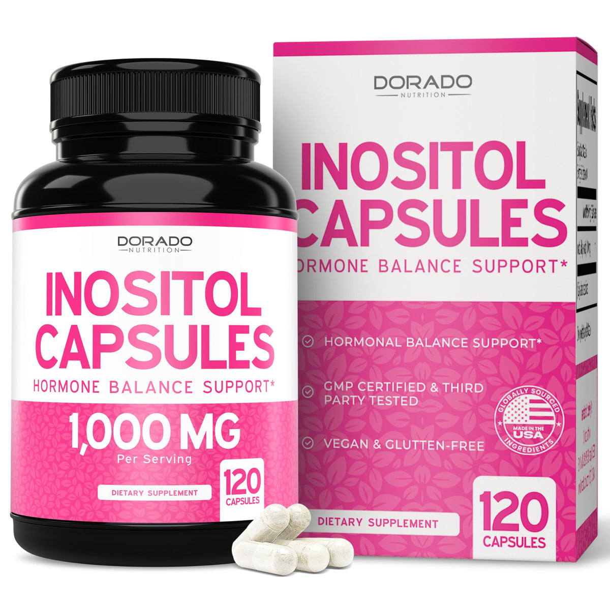 DORADO NUTRITION Myo-Inositol – bouteille de capsules 1000 mg, soutien potentiel au cycle féminin.