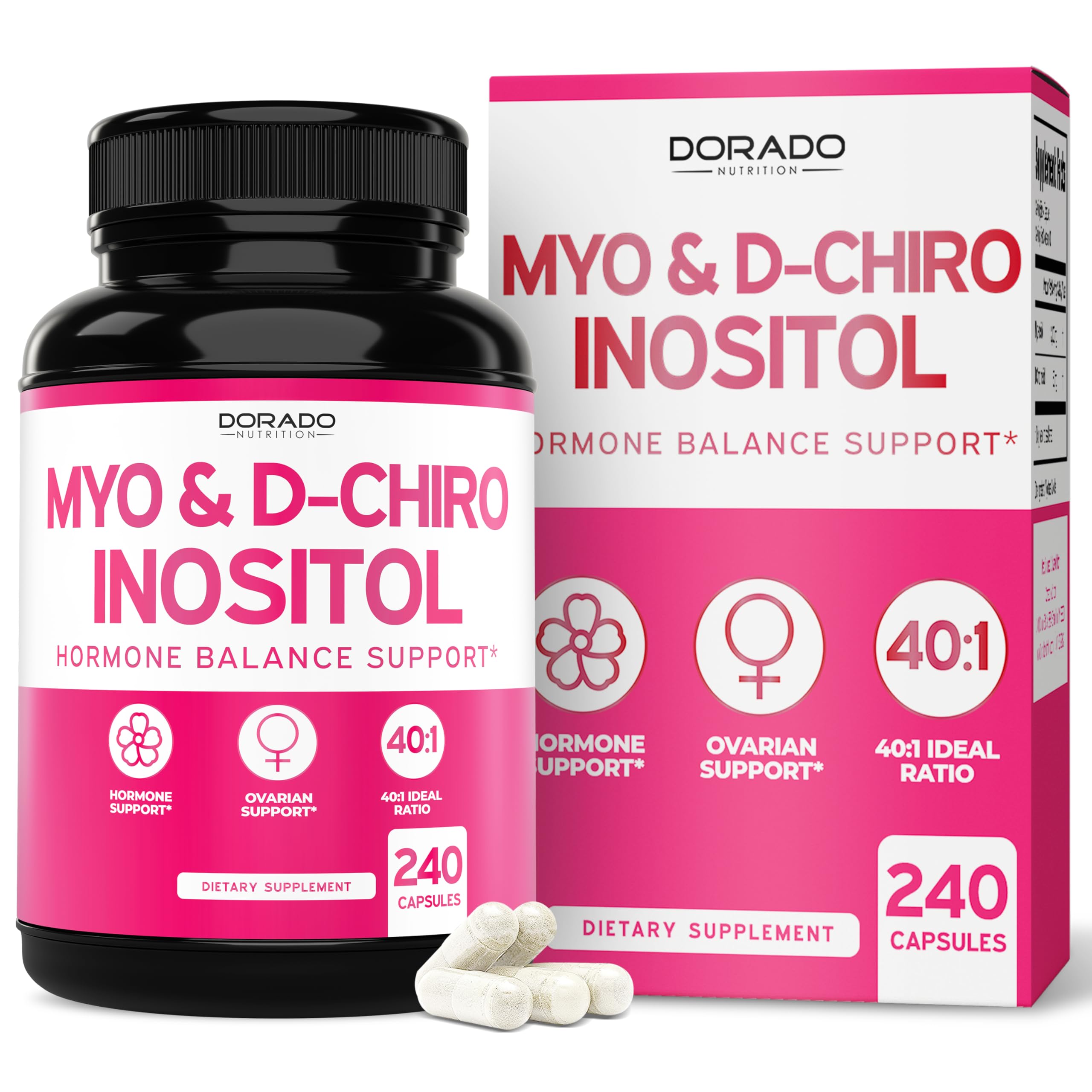 Dorado Nutrition Myo-Inositol et D-Chiro Inositol: capsules faciles pour le soutien hormonal féminin.