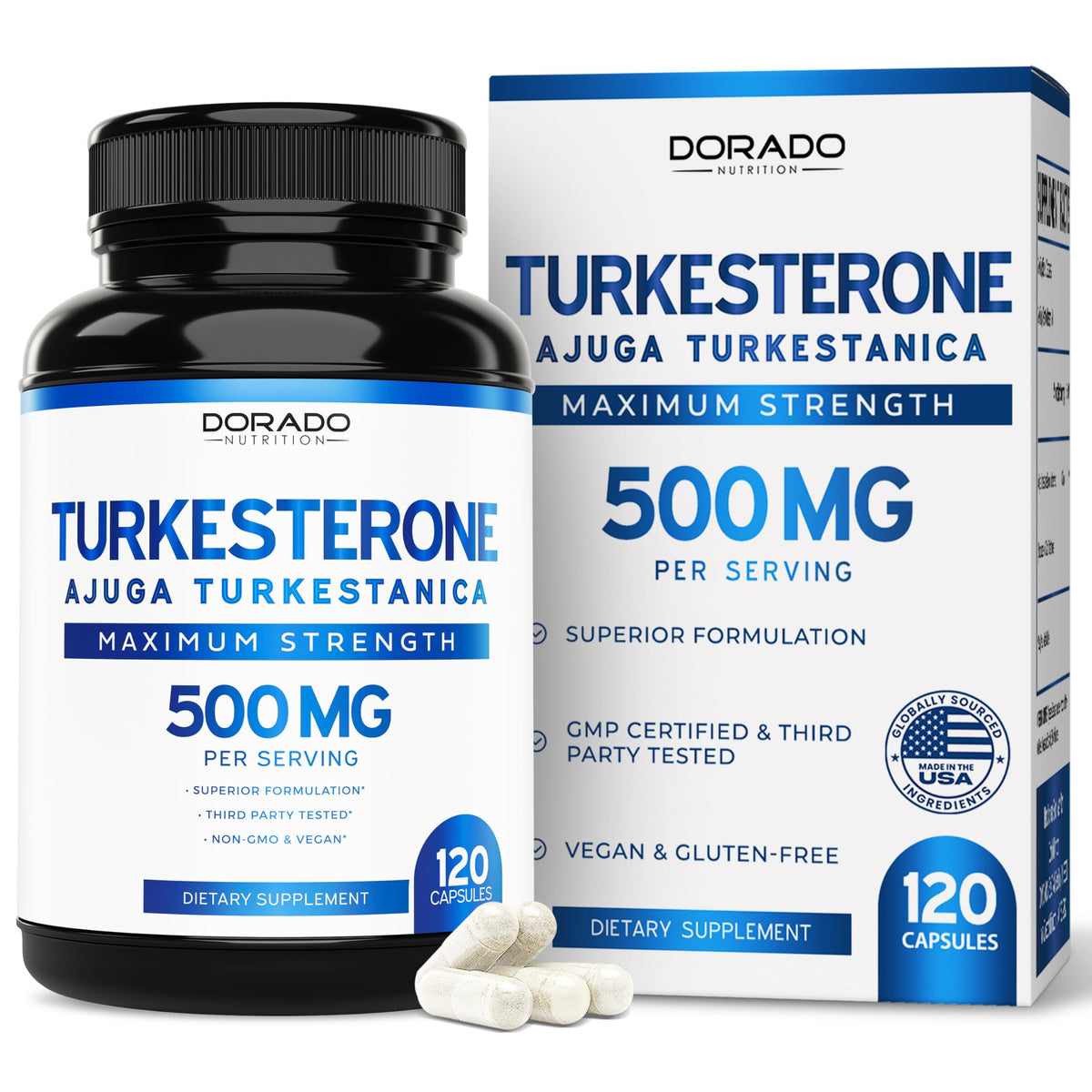 Dorado Nutrition Turkesterone — bouteille, soutien potentiel à la masse musculaire et à l'endurance.