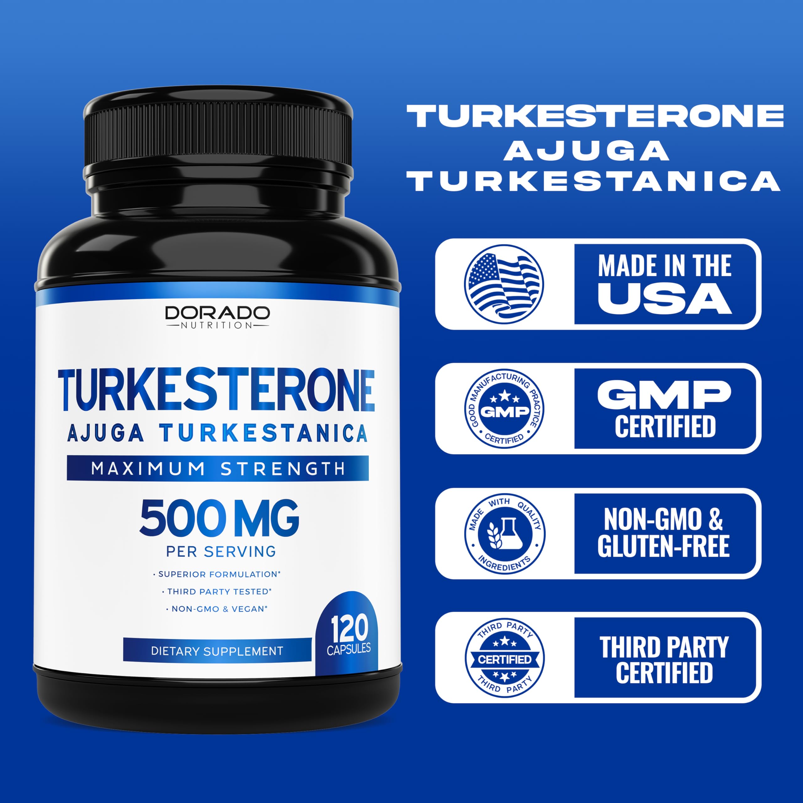 Dorado Nutrition Turkesterone — portrait d'emballage prêt à l'achat.