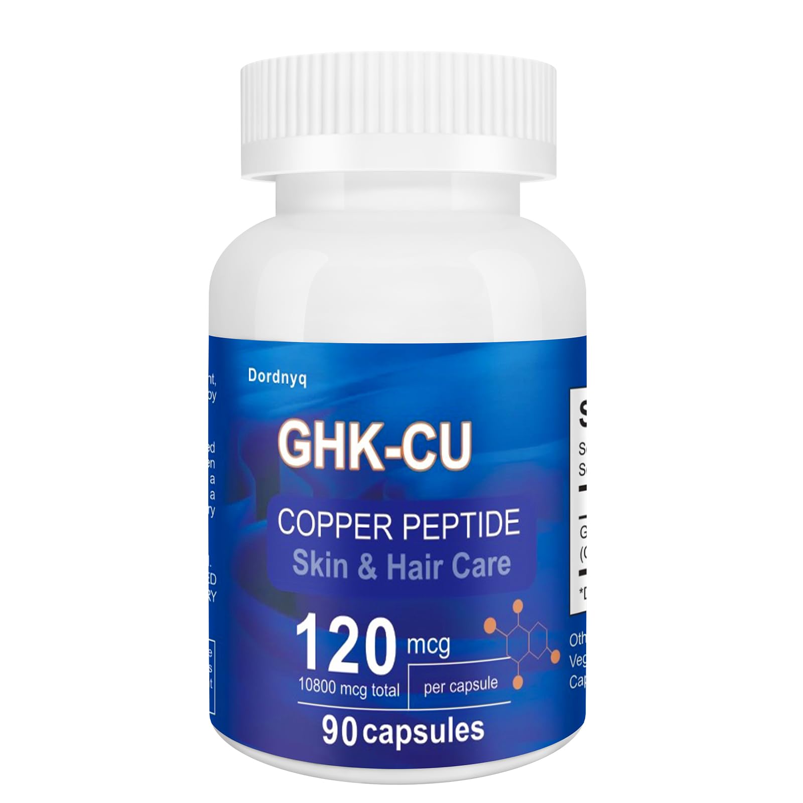 Dordnyq GHK-Cu: la bouteille montre le complément pour peau et cheveux.