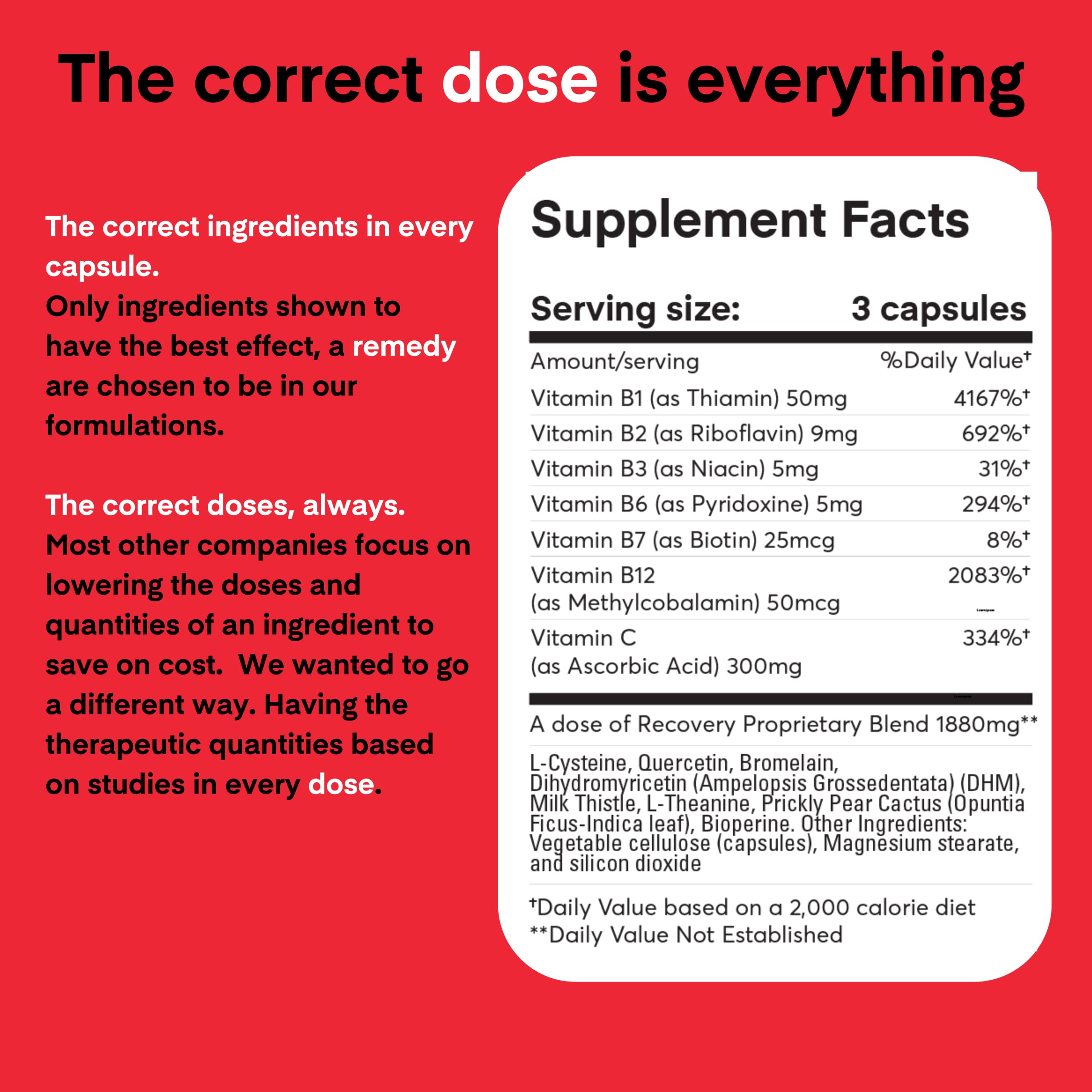Dose + Remedy Recovery: composants quercétine visibles, soutien antioxydant potentiel.