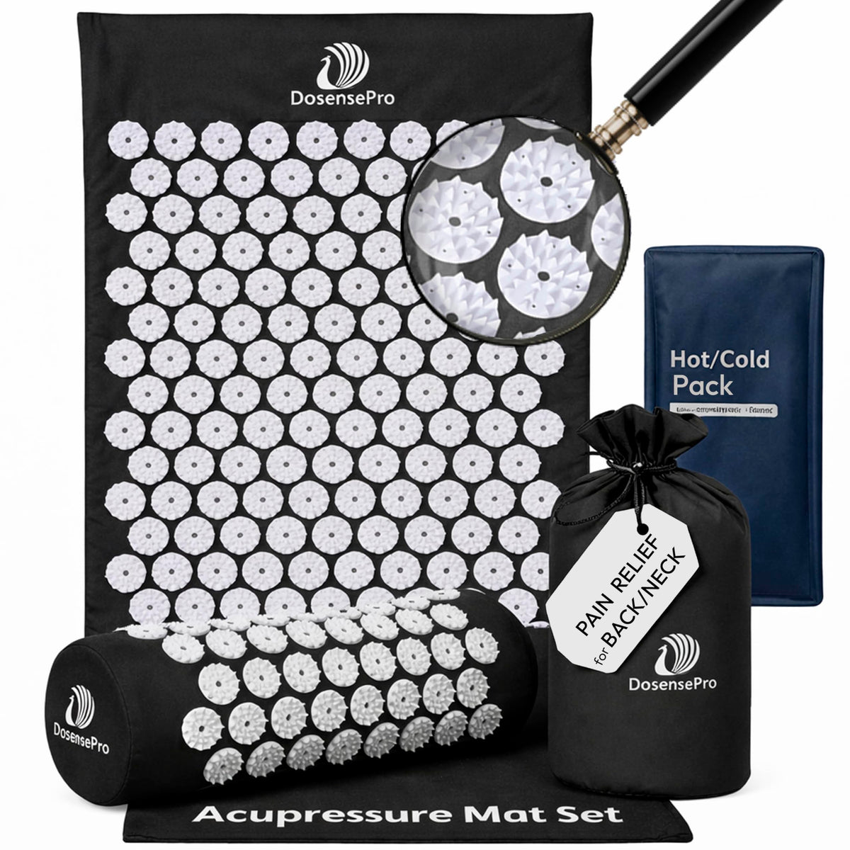 DoSensePro tapis acupression dos-nuque noir, soulagement potentiel après une journée chargée.