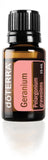 doTERRA Géranium huile essentielle en flacon, promesse d'une peau claire et saine.