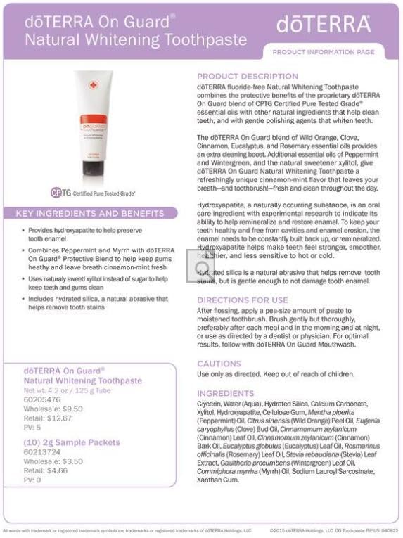 doTERRA On Guard dentifrice naturel, xylitol sucrant pour goût agréable et propreté.
