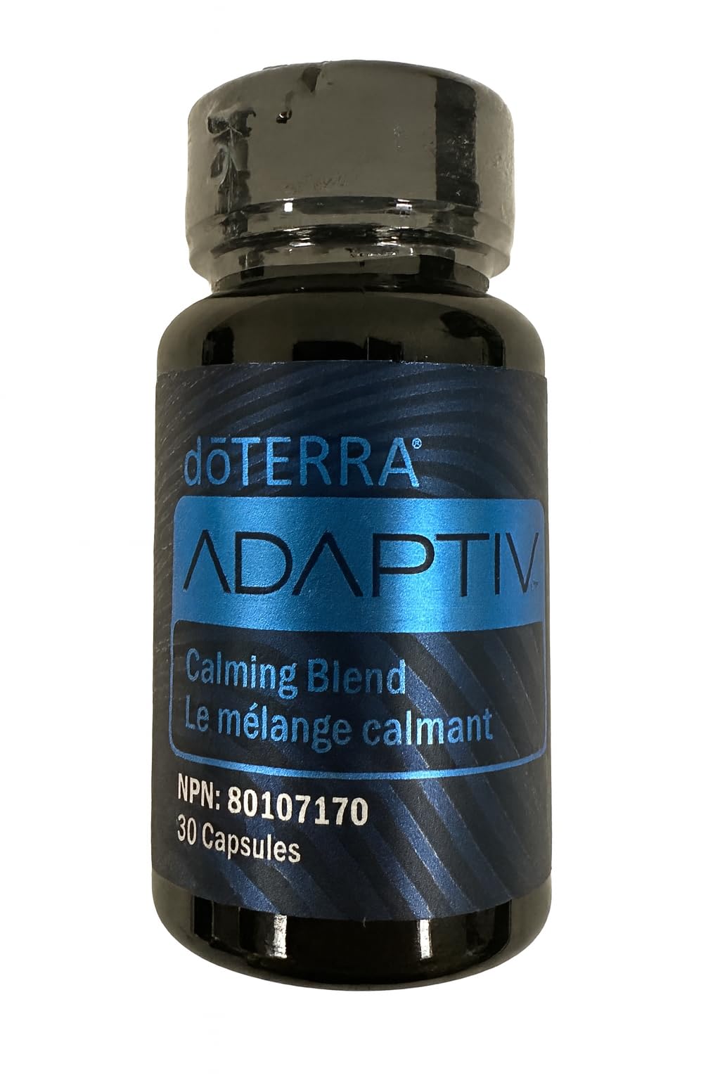 doTERRA Adaptiv, bouteille de gélules sur fond clair, calme et équilibre visé.