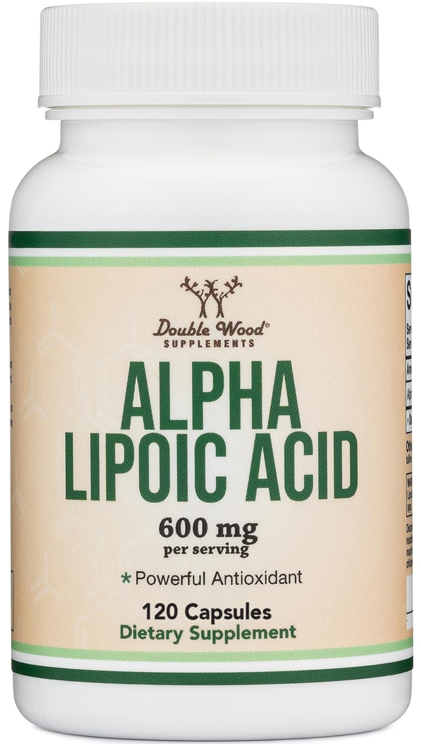 Double Wood Alpha Lipoïque: bouteille montrant les capsules et potentiel antioxydant.