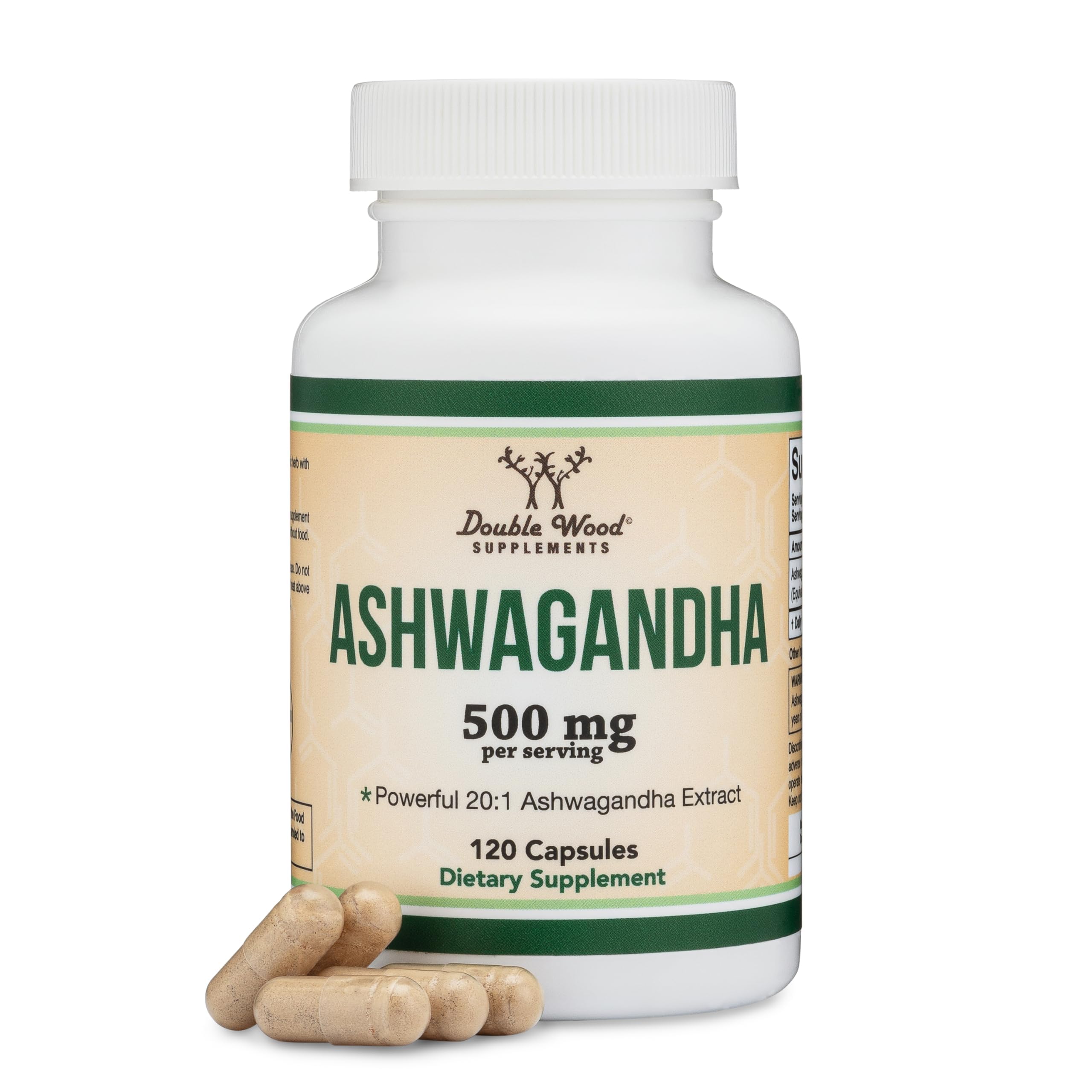 Double Wood Ashwagandha - bouteille de capsules pour soutien potentiel au stress quotidien.
