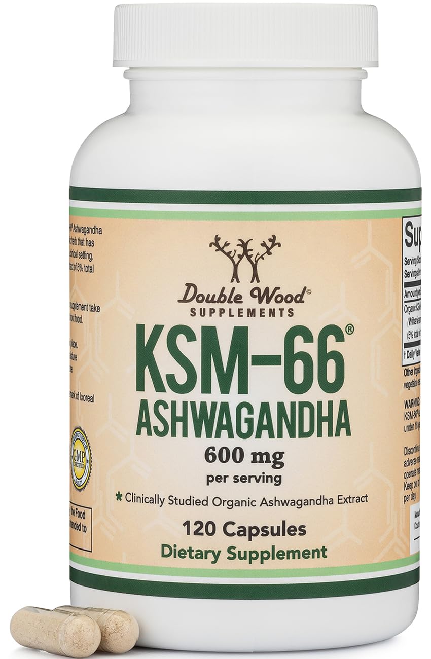 Double Wood Ashwagandha KSM66 – extrait en bouteille, soutien potentiel au calme quotidien.