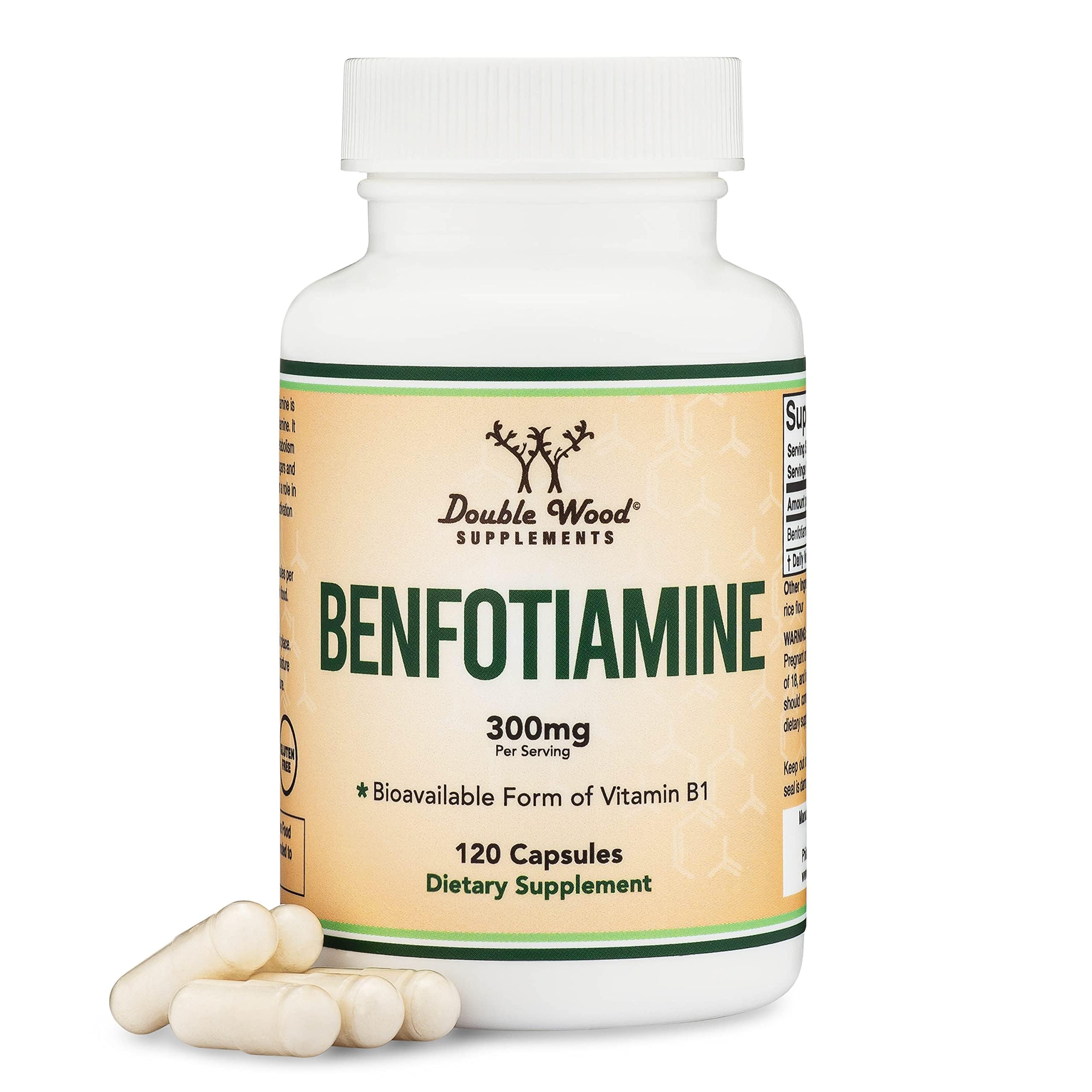 Double Wood Benfotiamine bouteille 300 mg, absorption potentielle et soutien nerveux possible.
