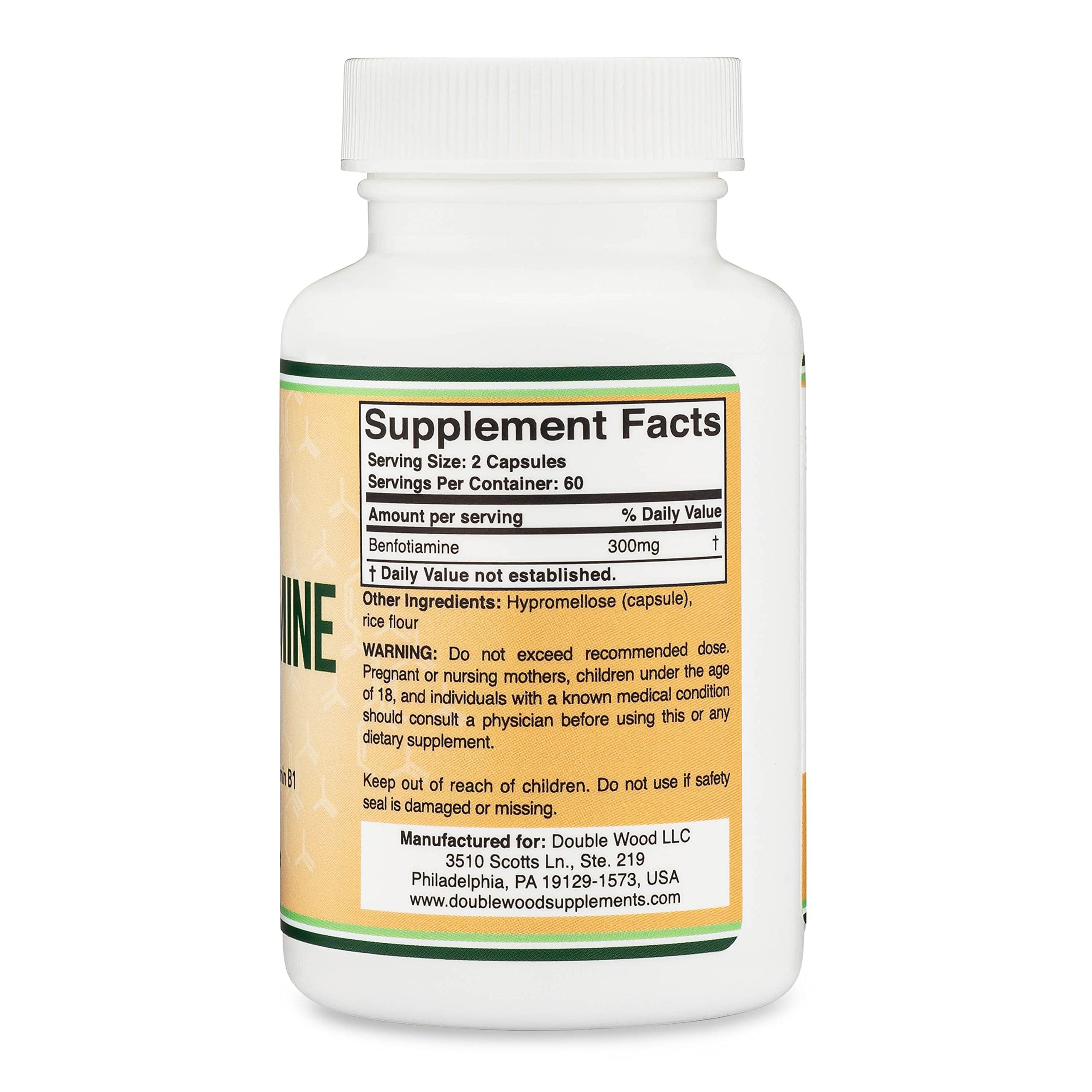 Etiquette Double Wood Benfotiamine, détails des ingrédients et indication d’utilisation.