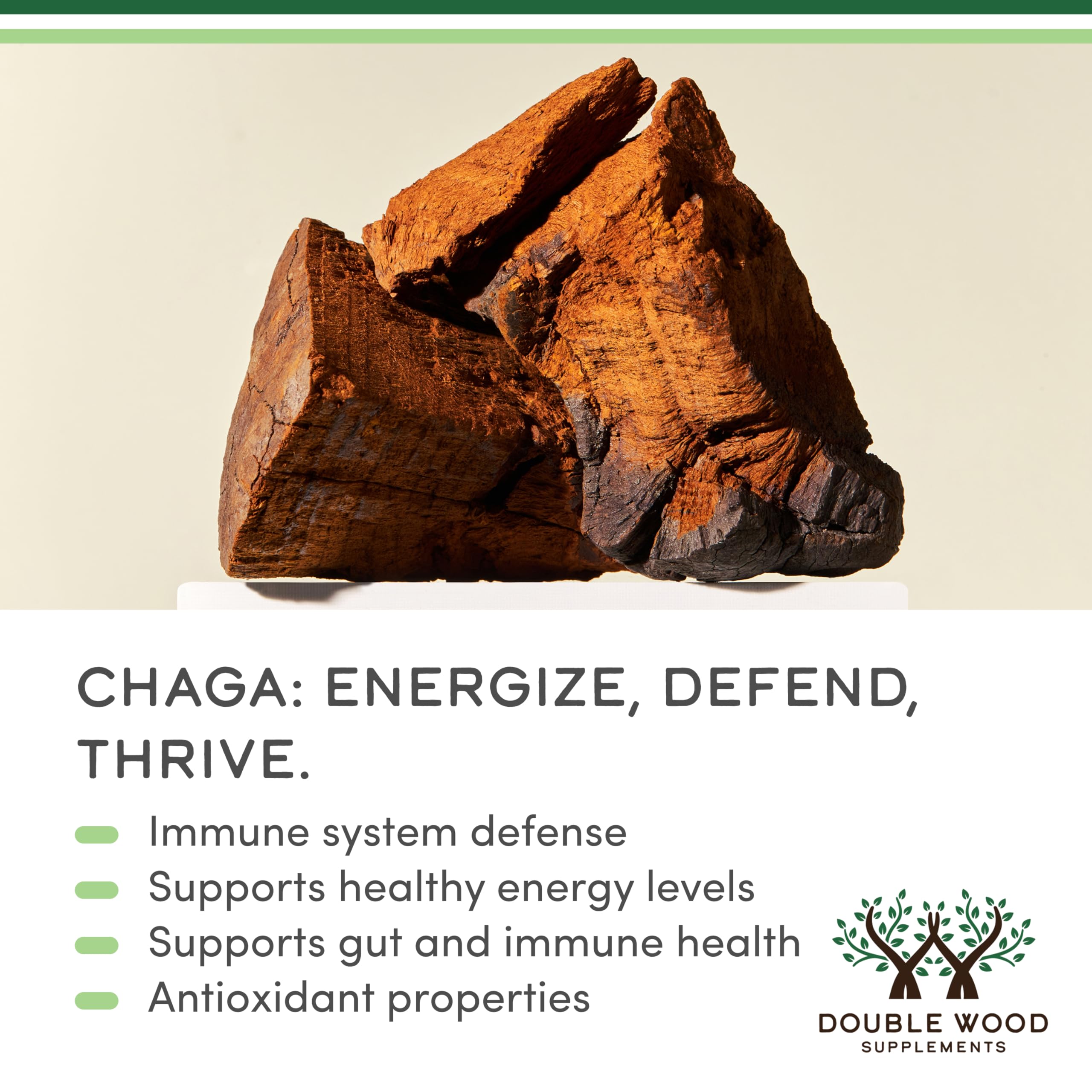 Double Wood Chaga: formule sans gluten et végane prête à l’emploi.