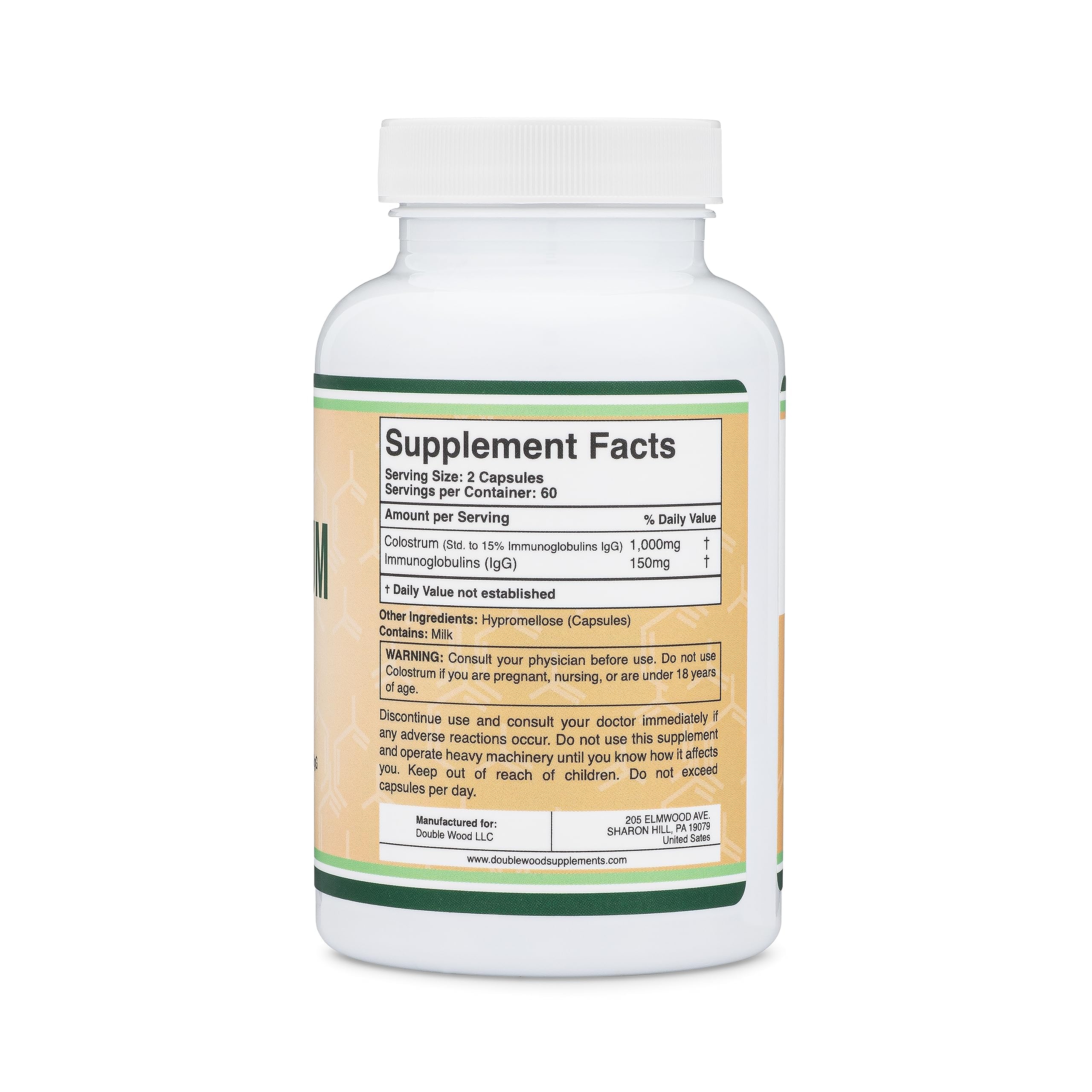 Double Wood Colostrum: étiquette indiquant 15igg, origine premier lait
