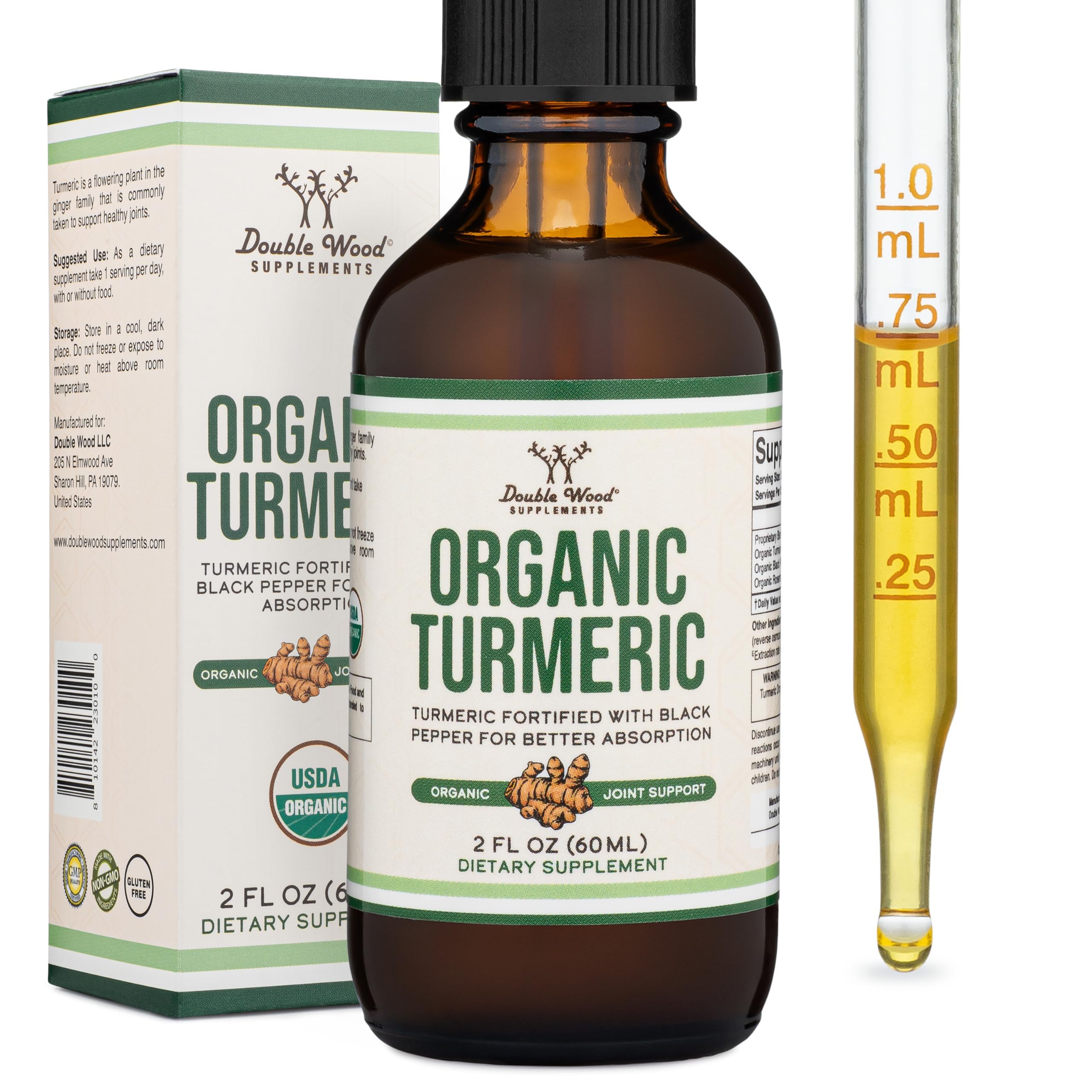 Double Wood Curcuma gouttes dans une bouteille ambrée pour une utilisation quotidienne pratique.