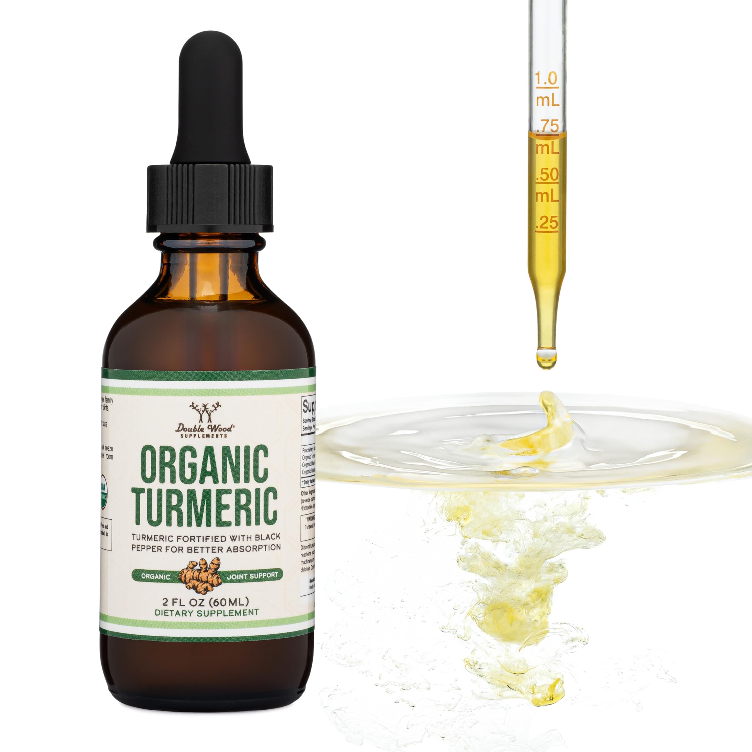 Gouttes Double Wood curcuma 1 180 mg par portion pour régularité.