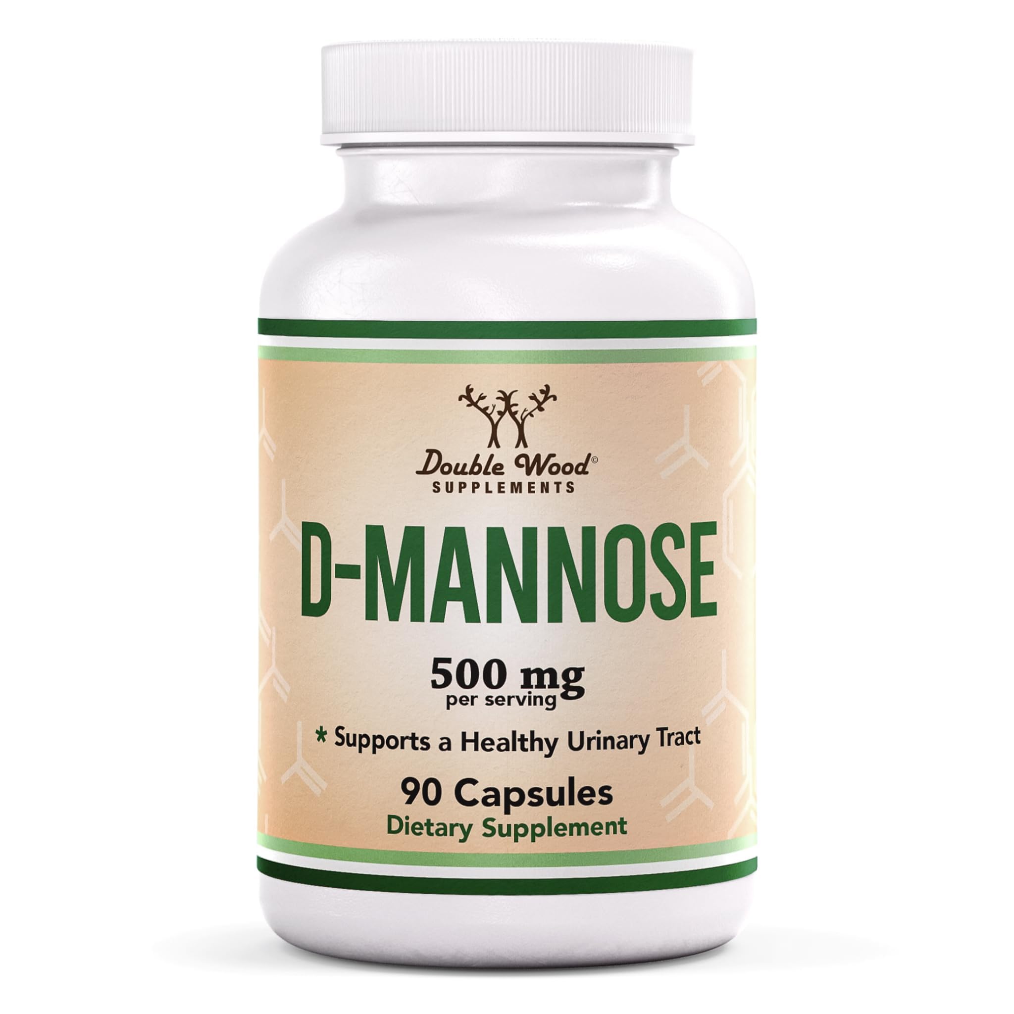 Capsules D Mannose 500 mg Double Wood dans une bouteille, soutien potentiel pour la santé urinaire.