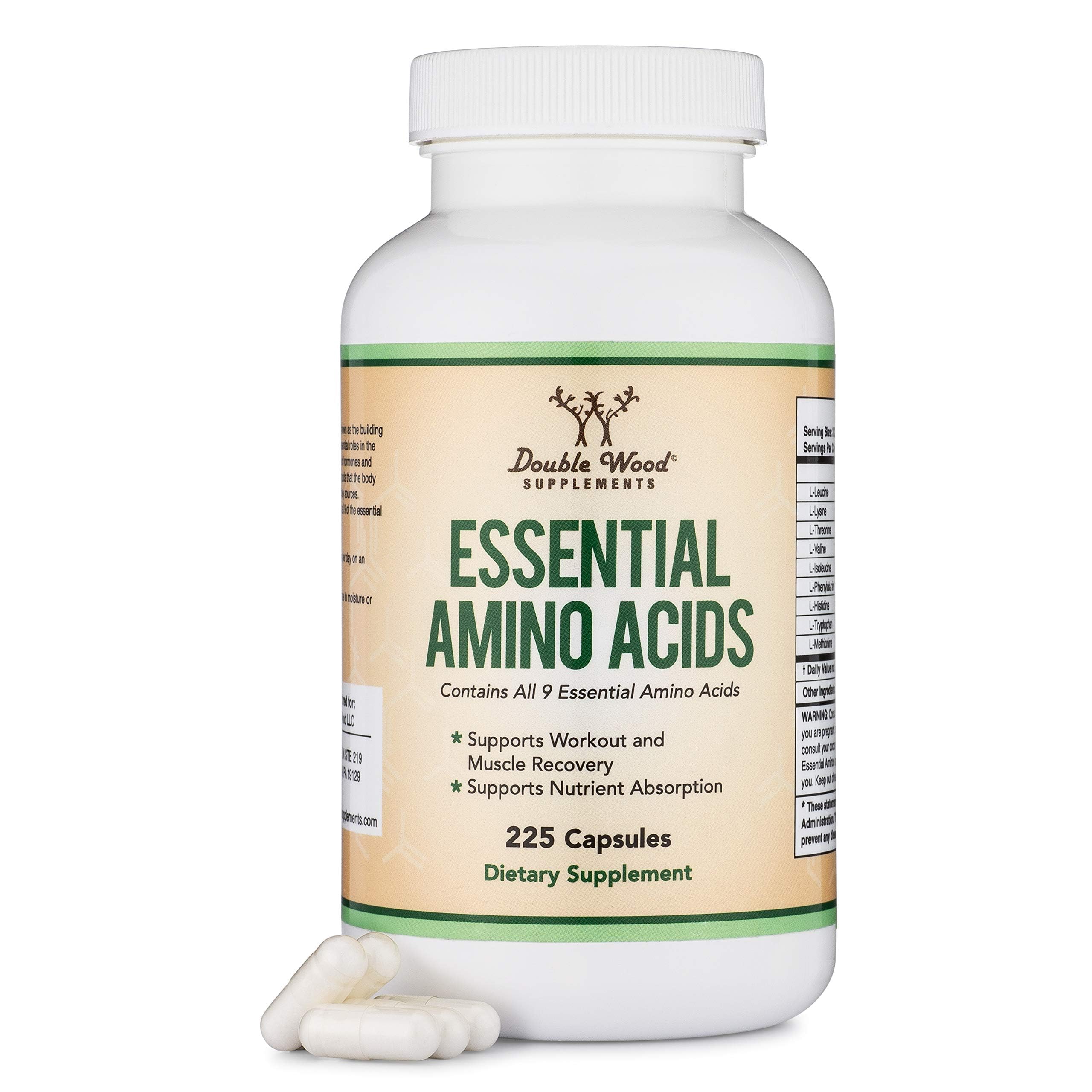Double Wood Essential Amino Acides : bouteille et étiquette, soutien potentiel récupération musculaire.