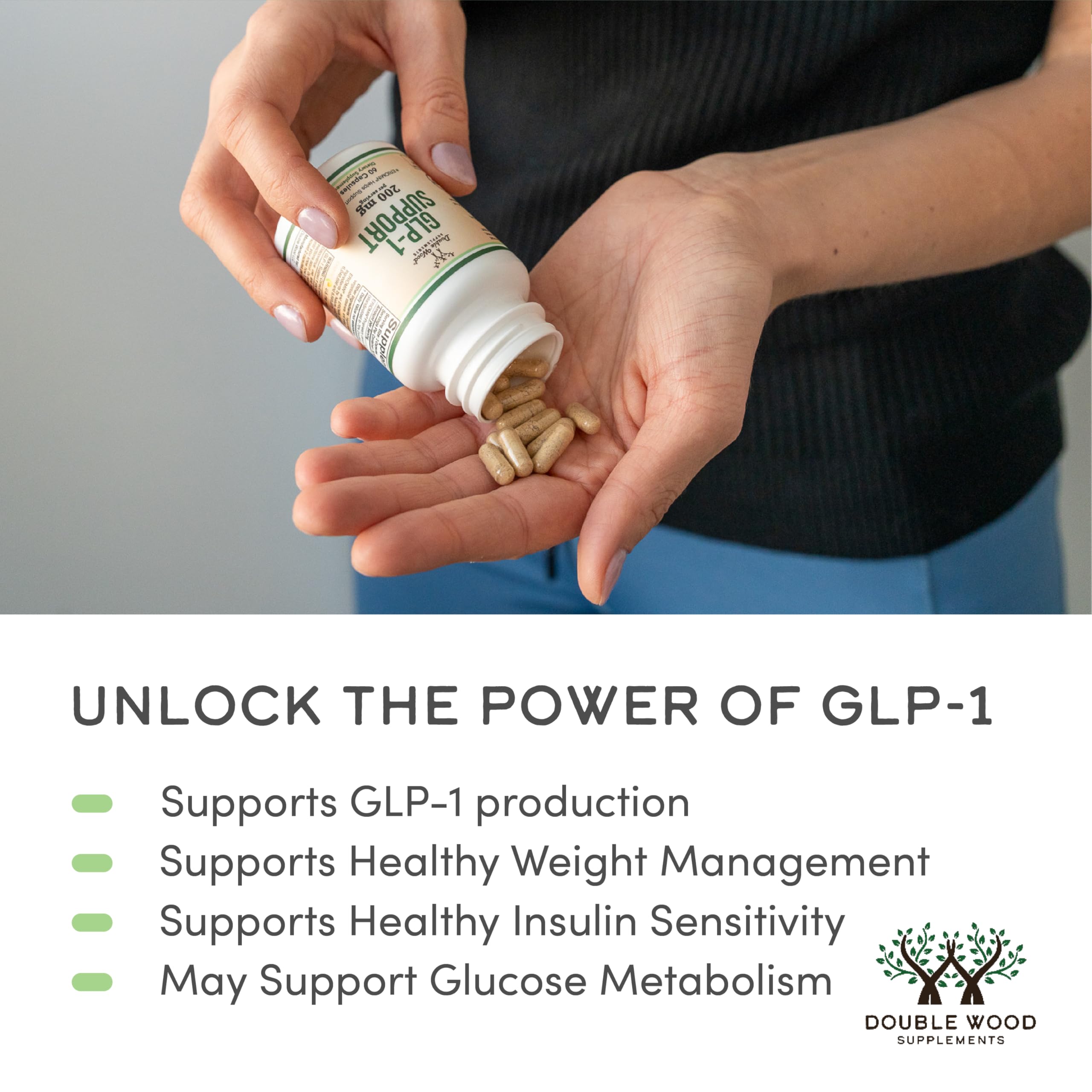Double Wood GLP-1: étiquette lisible indiquant le dosage quotidien.