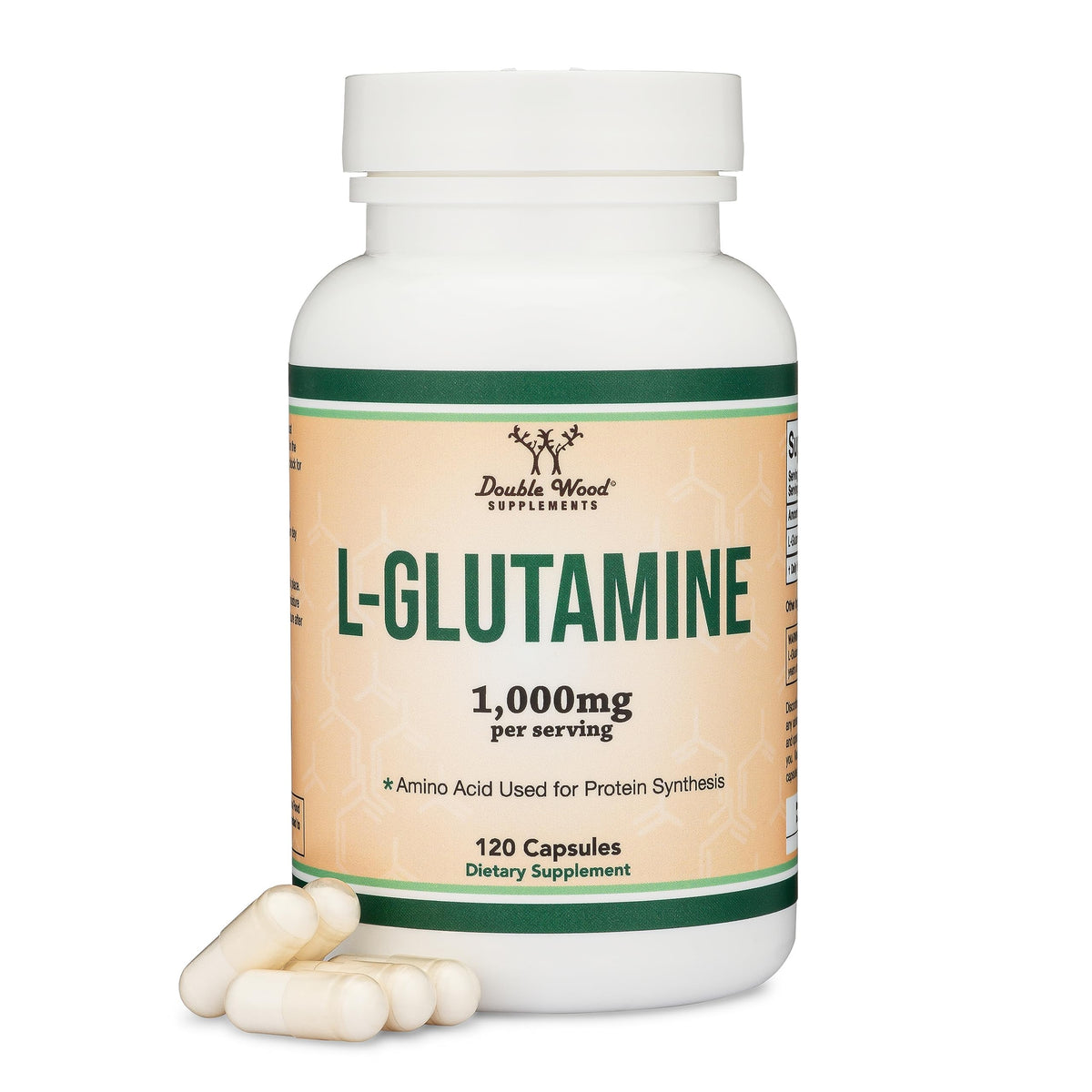 Double Wood Glutamine, bouteille-pour soutien intestinal potentiel et pratique au quotidien.