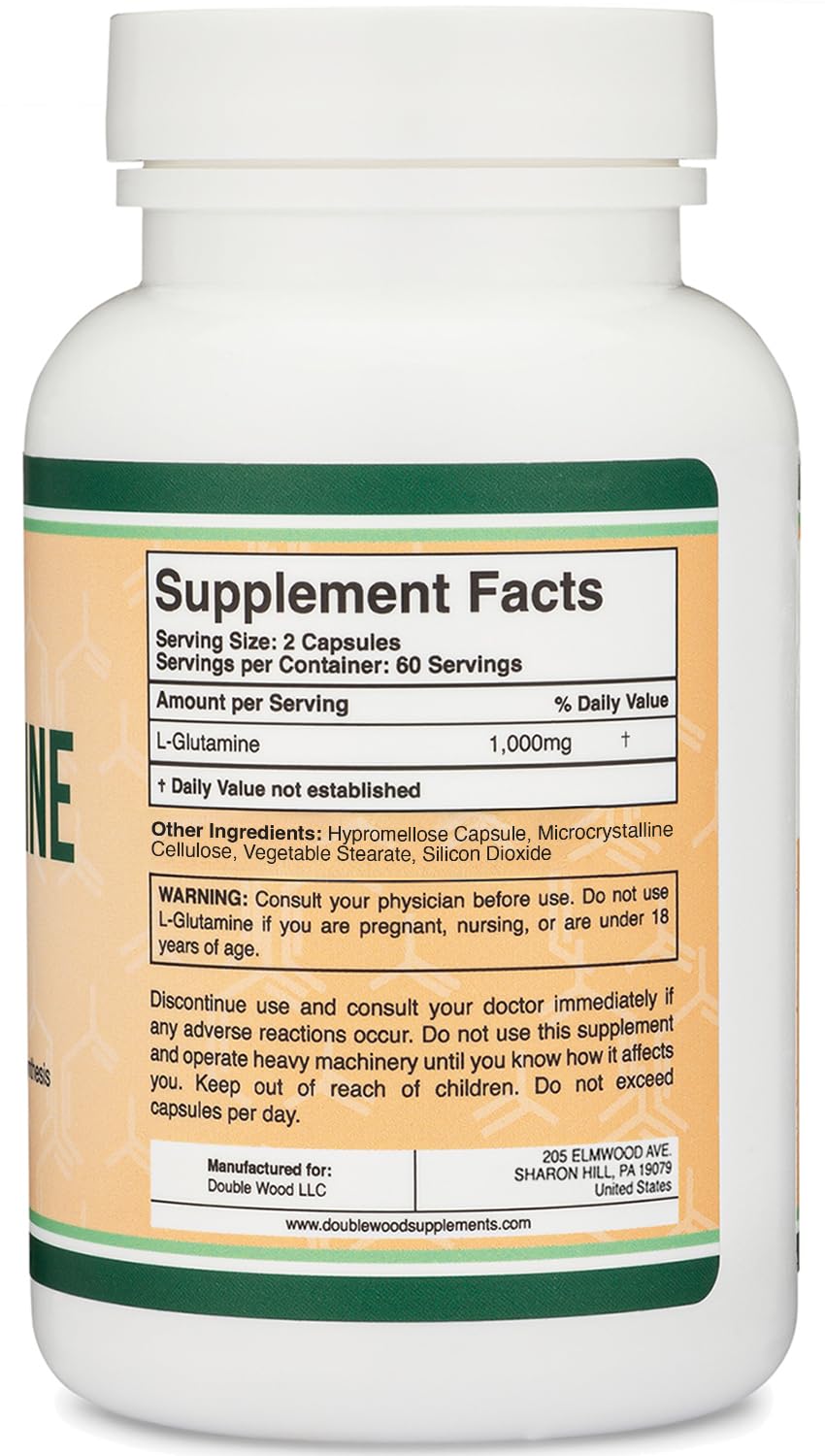 Double Wood Glutamine, étiquette lisible, informations sur l'endurance potentielle.