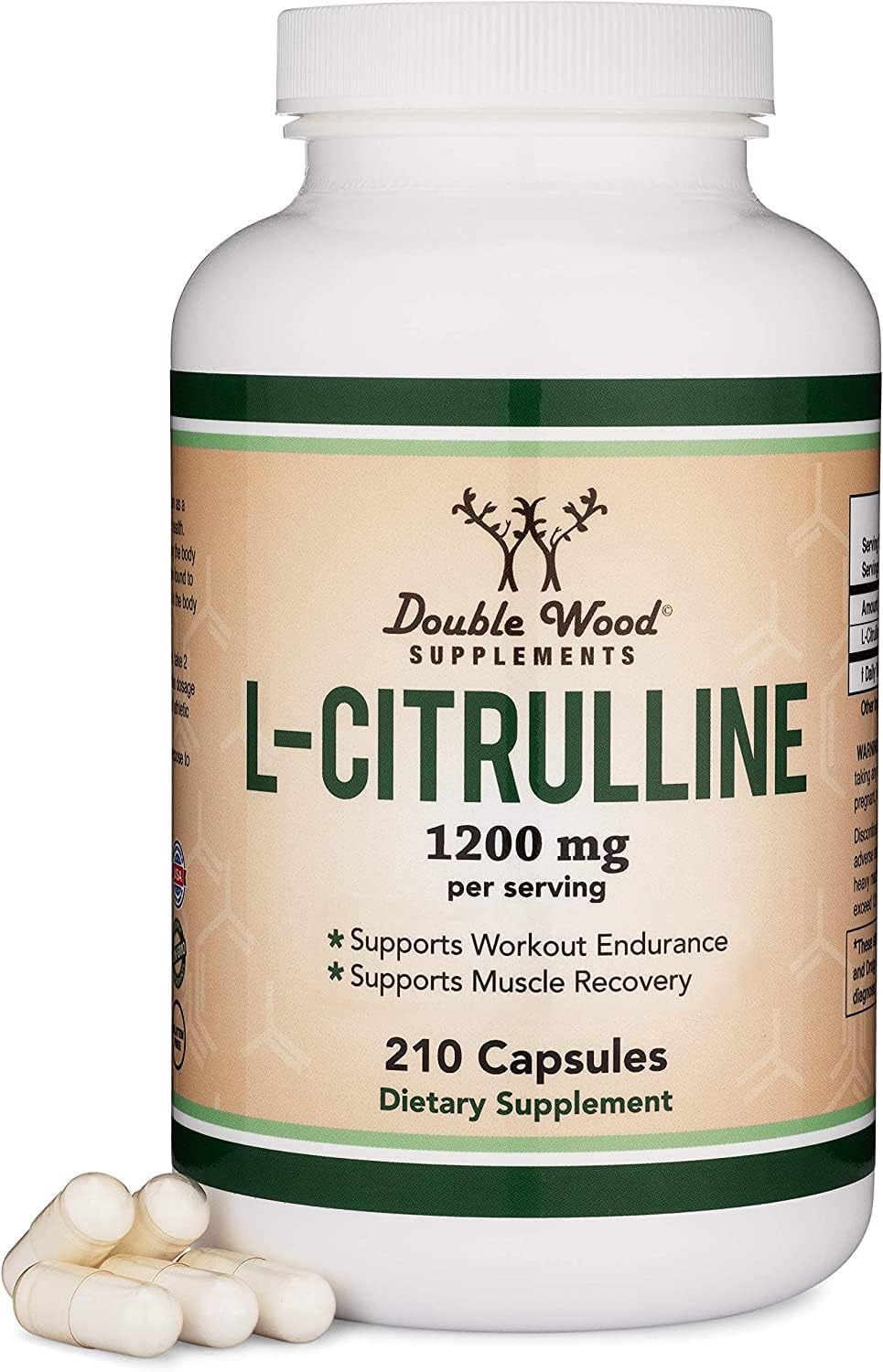 Double Wood L-Citrulline, bouteille et capsules, soutien énergie et circulation