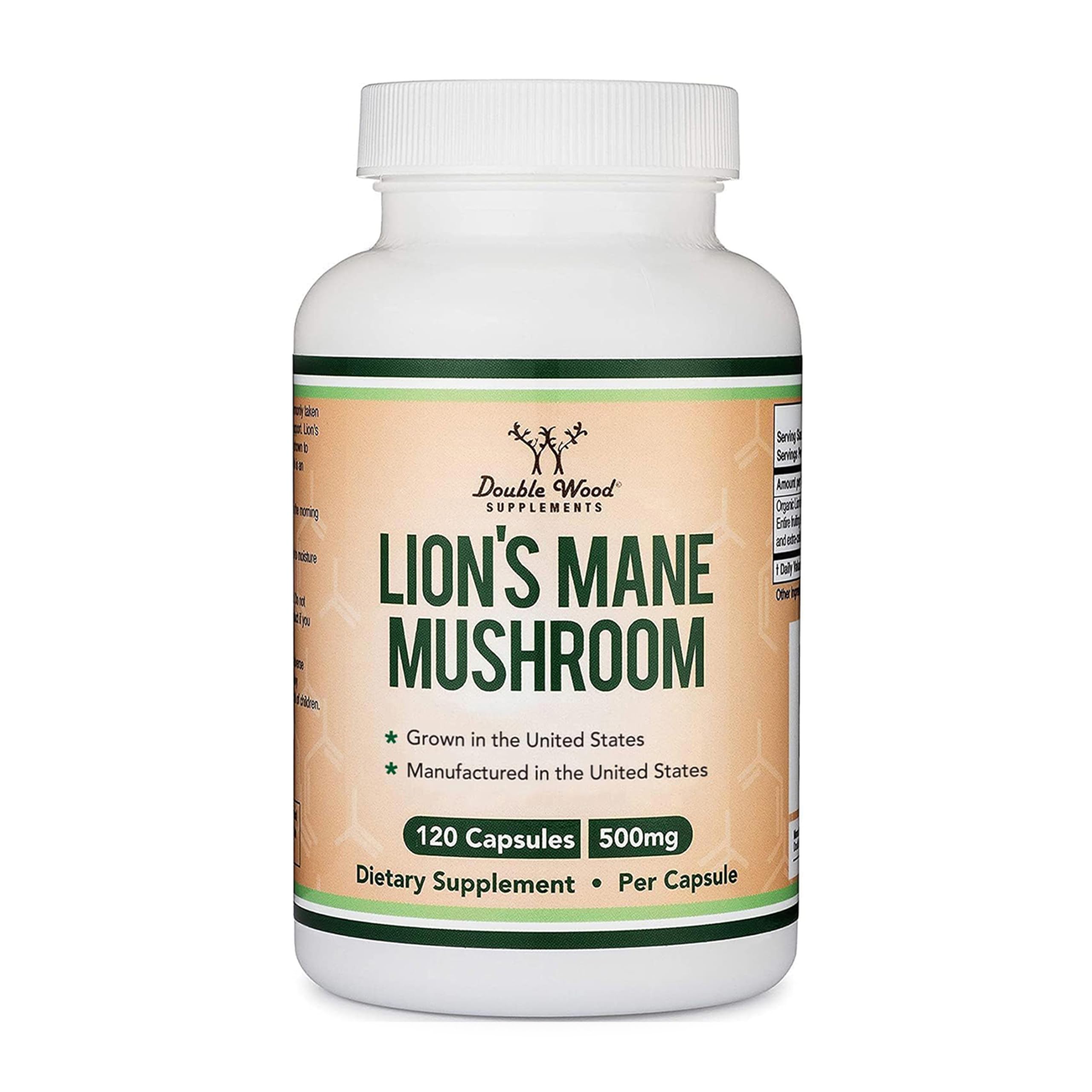 Capsules Lion’s Mane Double Wood sur emballage, soutien immunitaire et concentration.