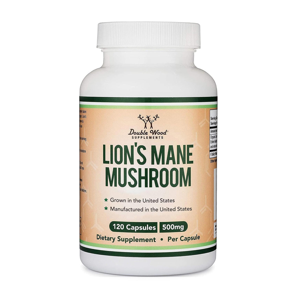 Capsules Lion’s Mane Double Wood sur emballage, soutien immunitaire et concentration.