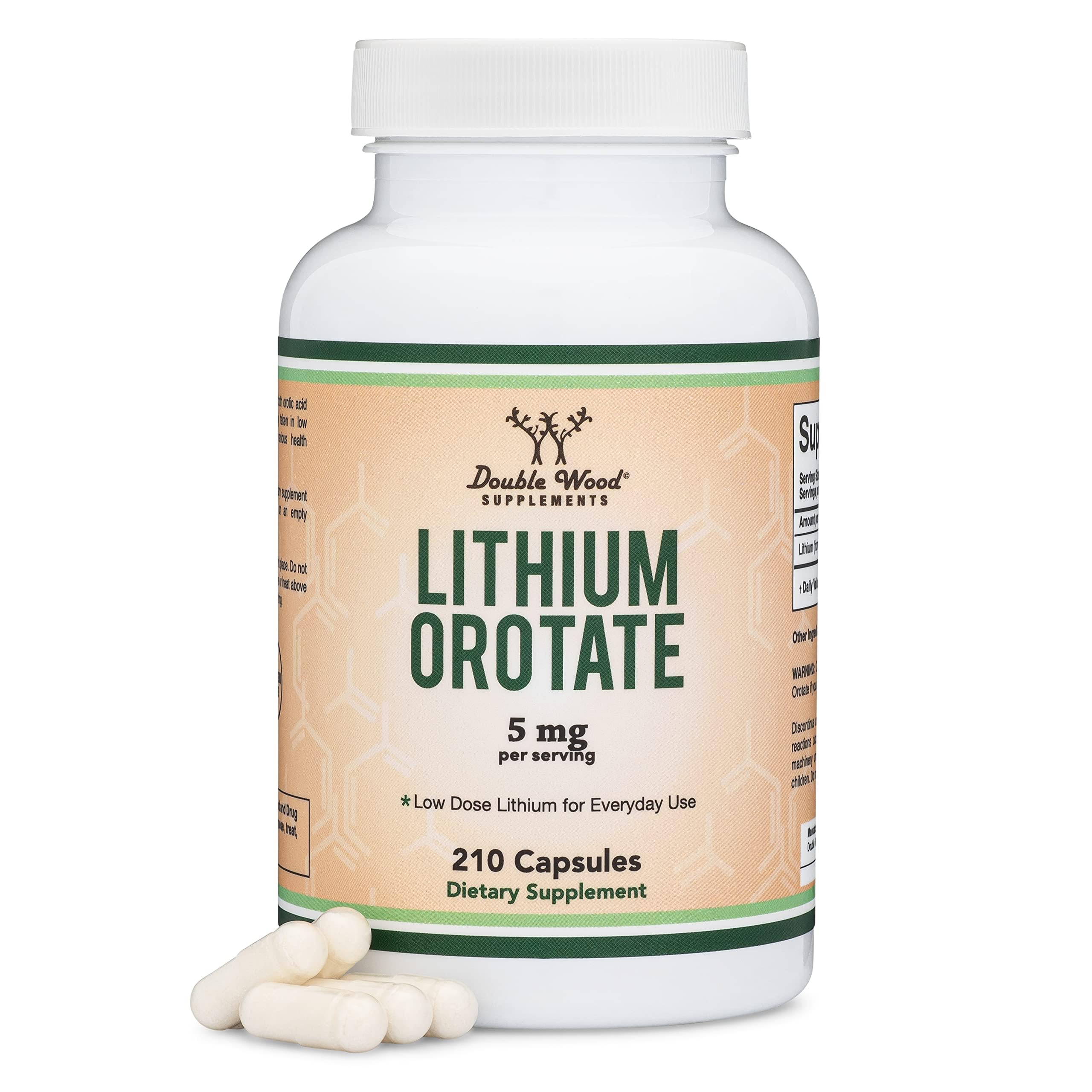 Double Wood Lithium Orotate, bouteille de 210 capsules, prête à l'emploi pour votre routine.