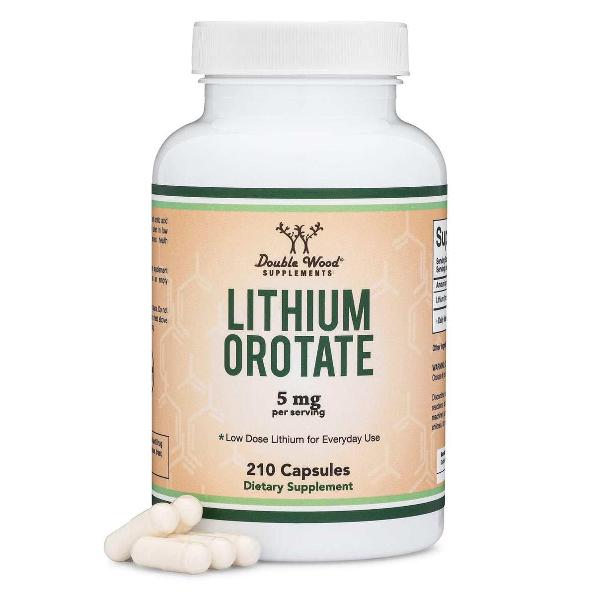 Double Wood Lithium Orotate, bouteille de 210 capsules, prête à l'emploi pour votre routine.