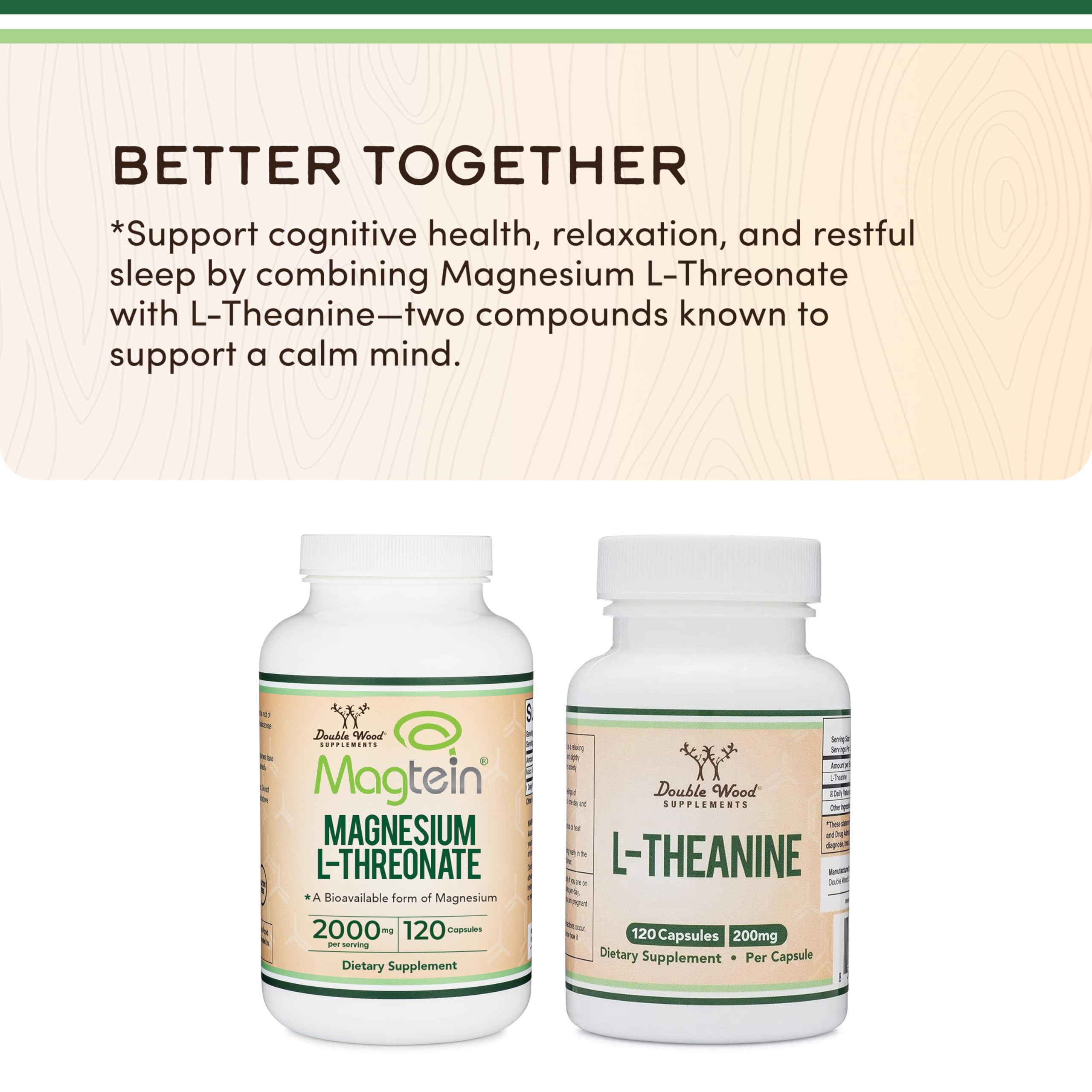Utilisation nocturne avec Magtein, Double Wood, soutien potentiel au sommeil.