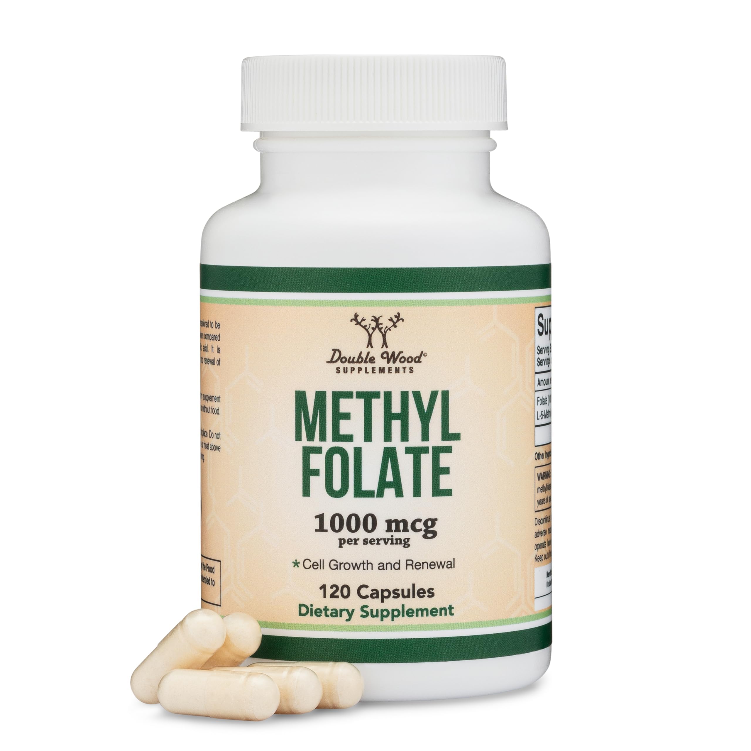 Double Wood Methylfolate: bouteille avec étiquette, formulation plus active prête à l'absorption.