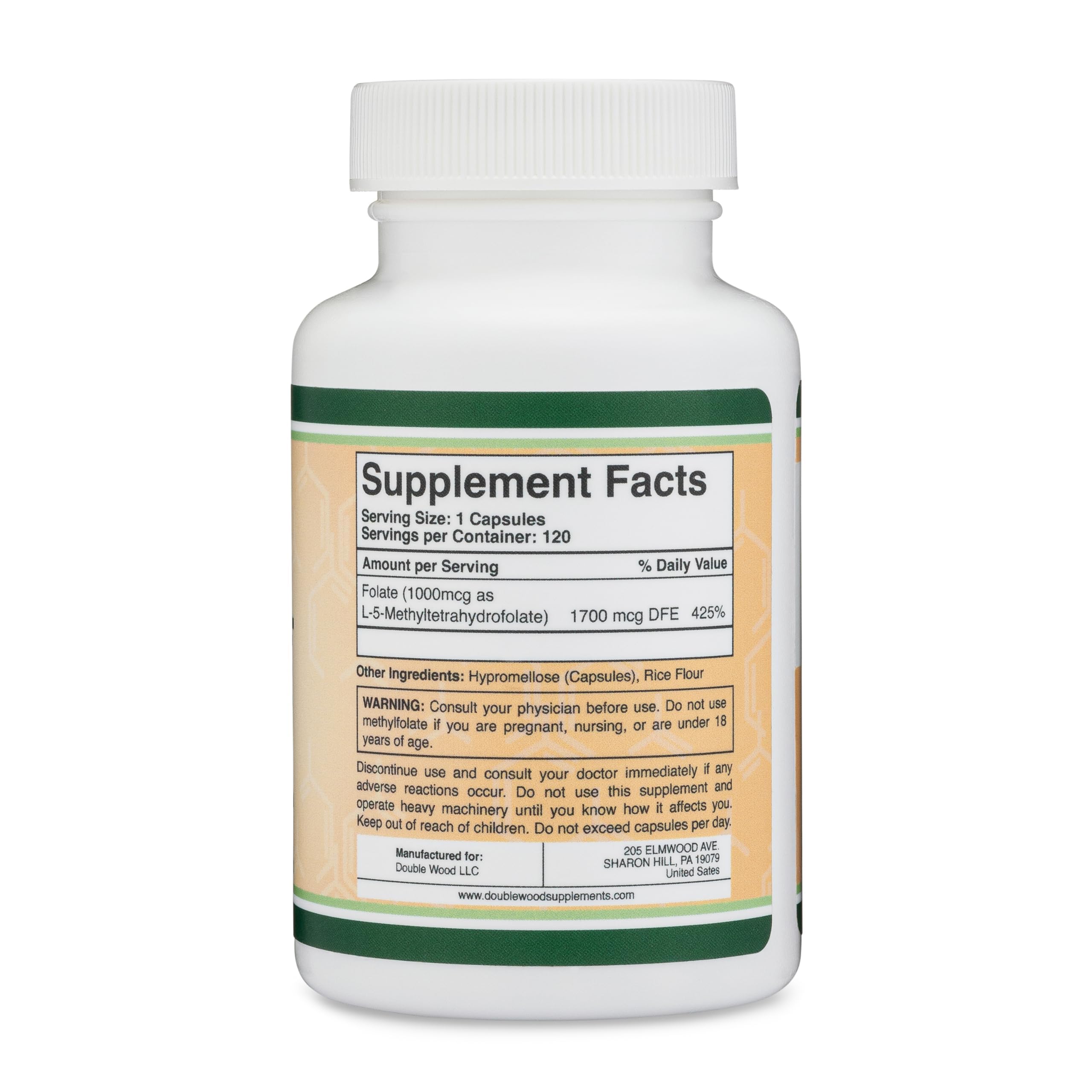 Double Wood Methylfolate: étiquette montrant la qualité sans OGM et sans gluten.