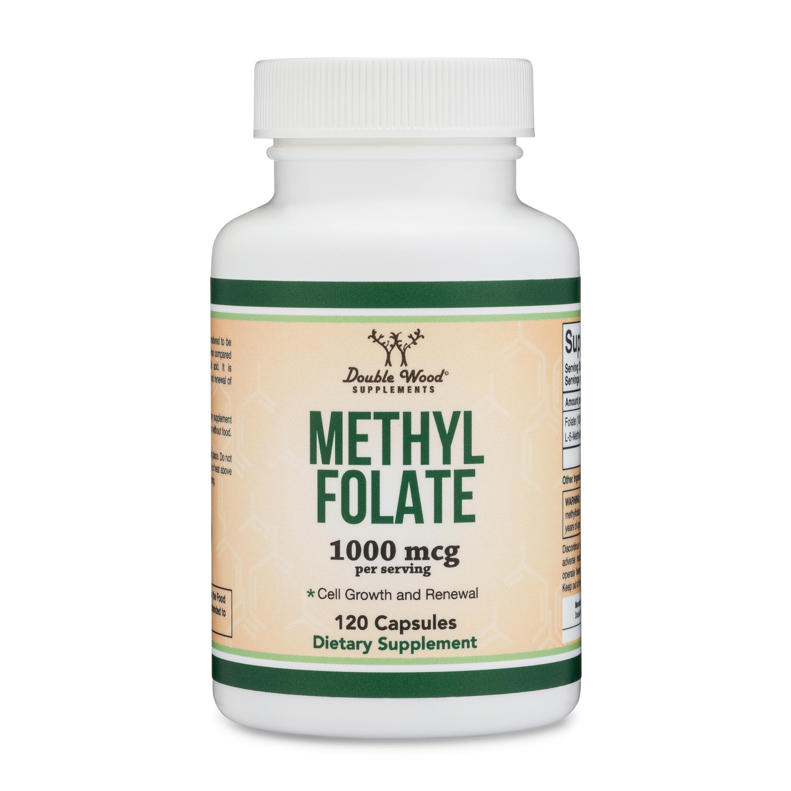 Double Wood Methylfolate: logo vegan et sans OGM, adapté aux régimes spécifiques.