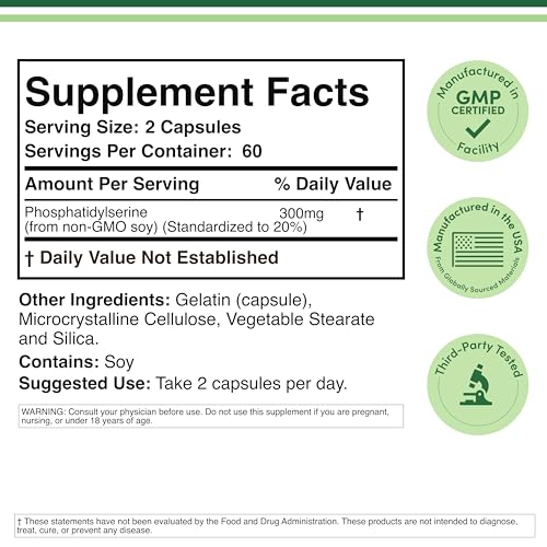 Etiquette Double Wood Phosphatidylserine indiquant origine États-Unis et sans OGM.