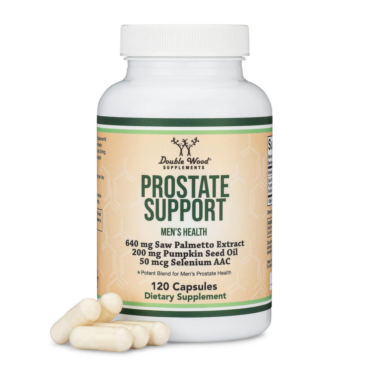 Double Wood Prostate Soutien – vue de la bouteille 120 capsules pour le confort urinaire