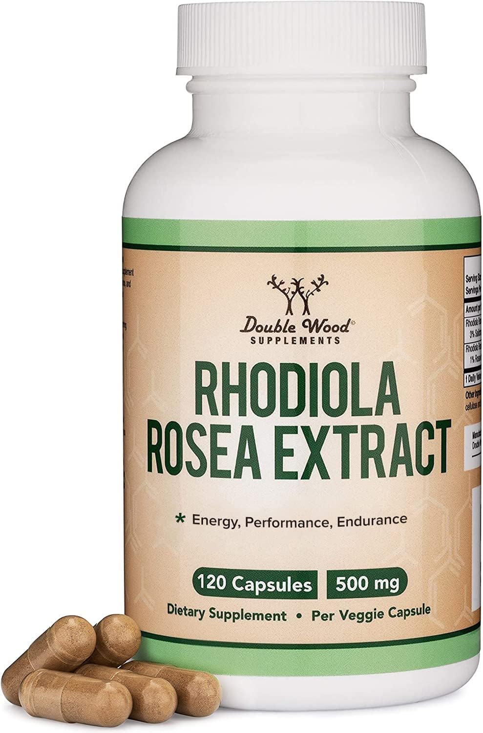 Double Wood Rhodiola Rosea Bouteille 500 mg, soutien énergie et équilibre