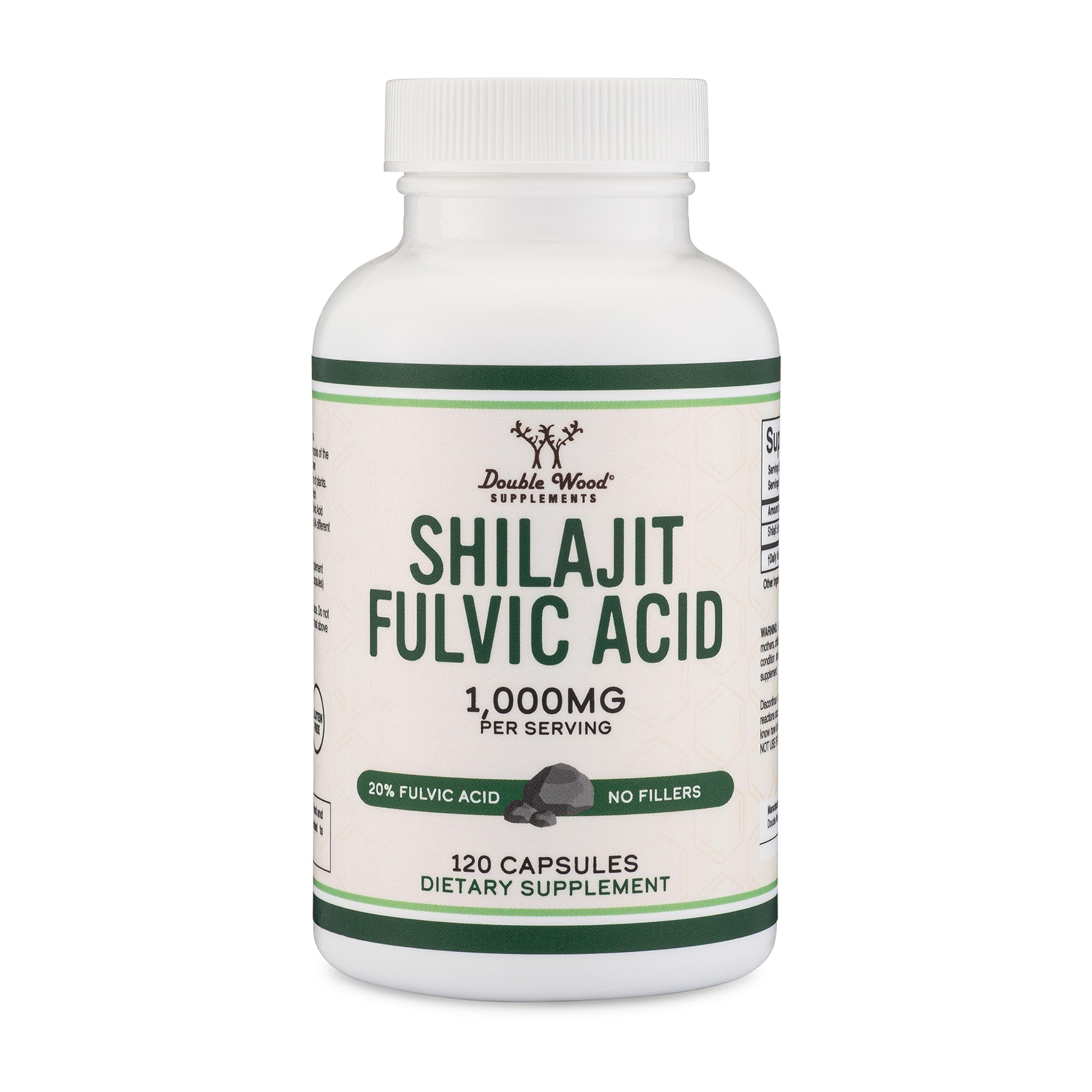 Double Wood Shilajit, bouteille 1000 mg, pratique pour l’apport quotidien.